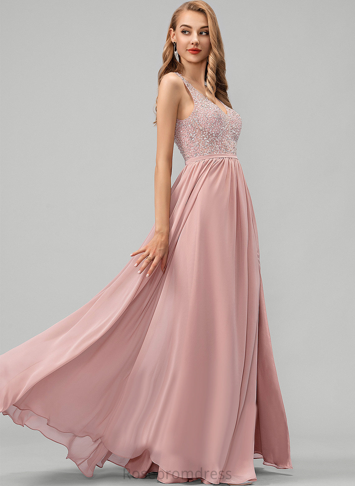 V-neck Floor-Length With Chiffon Beading Prom Dresses A-Line Cora Sequins