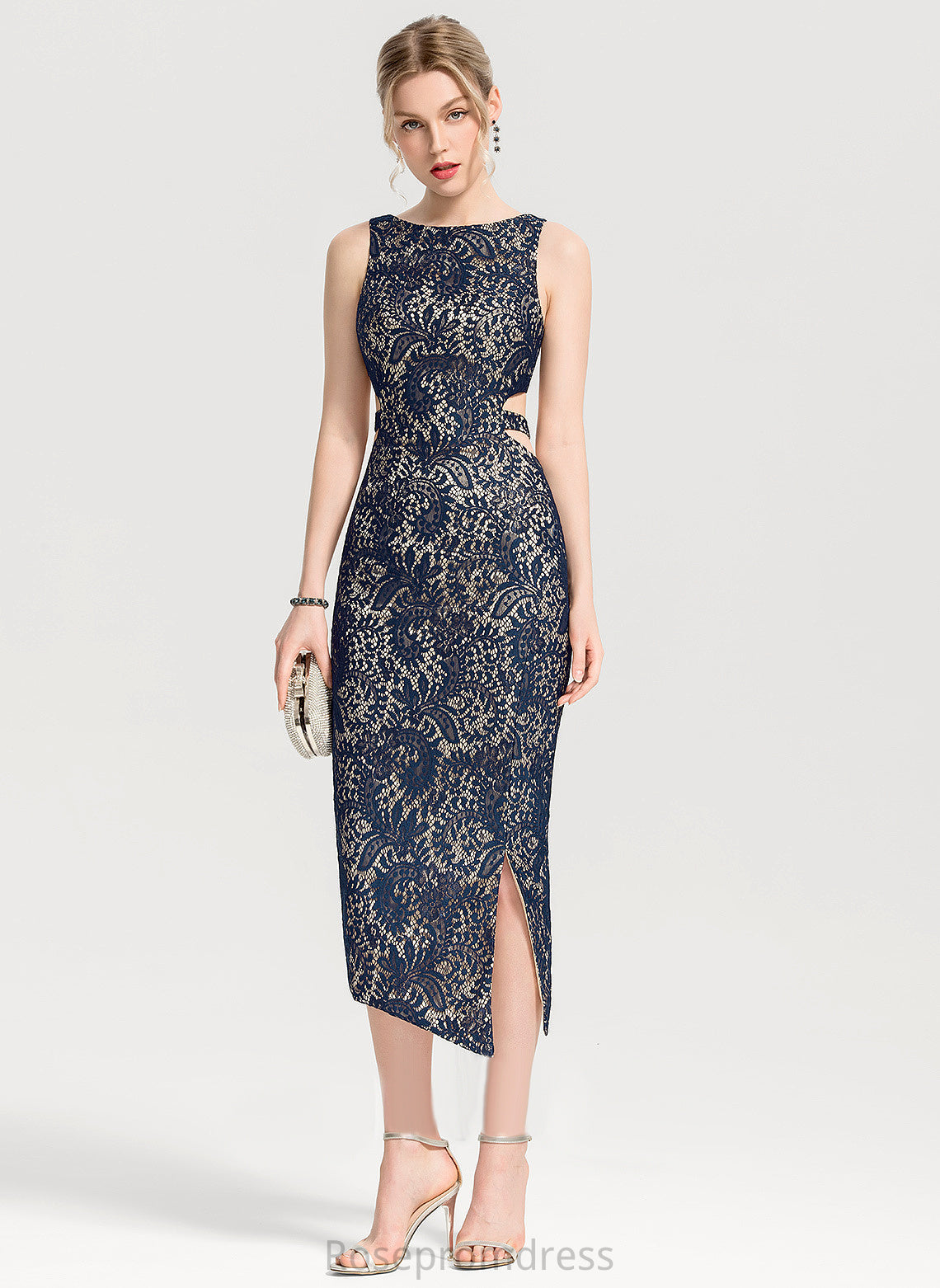 Split Tea-Length Lace Sheath/Column Neck Dress Scoop With Cocktail Dresses Cocktail Martina Front