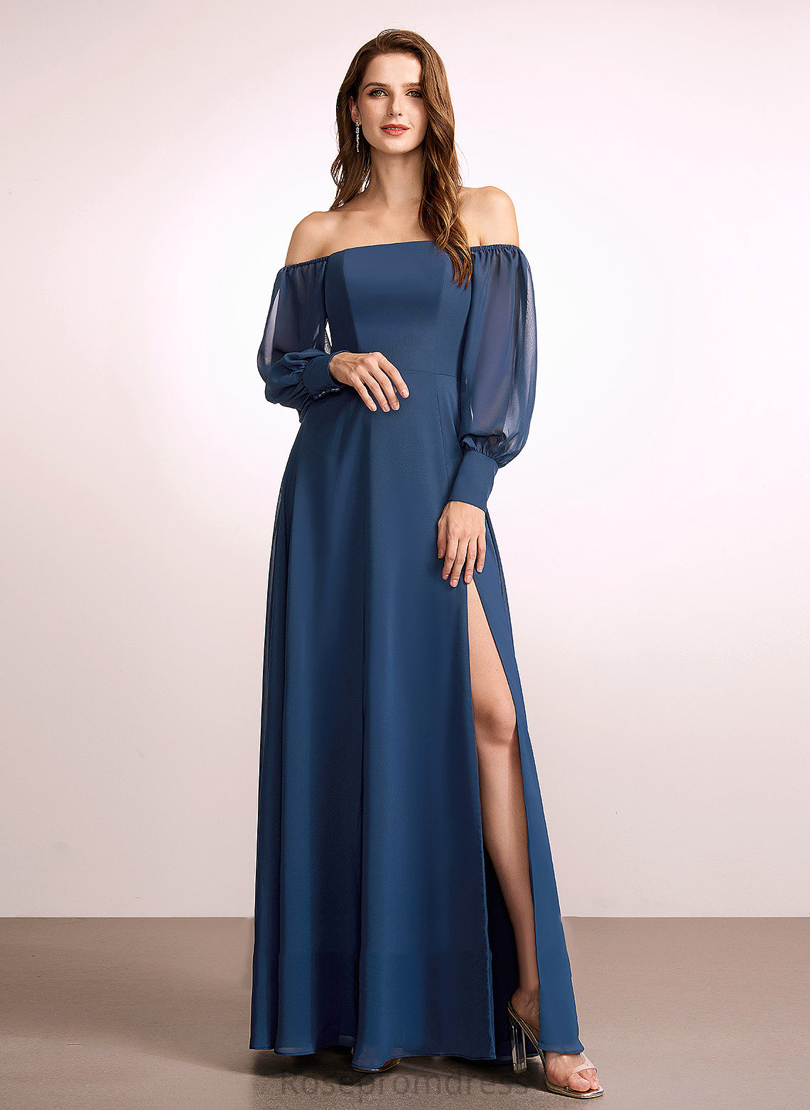 Embellishment A-Line Off-the-Shoulder Neckline Length Silhouette SplitFront Floor-Length Fabric Paulina V-Neck Natural Waist Bridesmaid Dresses