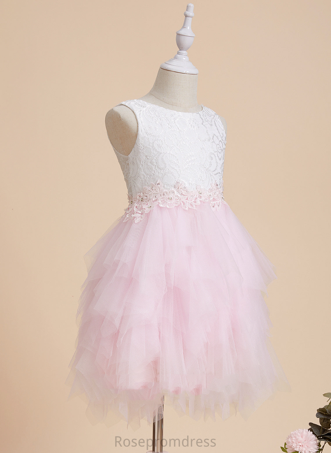 Lace/Beading/Sequins/V Flower Flower Girl Dresses Neck Sleeveless Back With Tulle/Lace Dress Knee-length Quinn Scoop Ball-Gown/Princess Girl