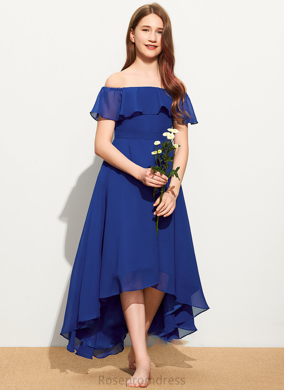 Chiffon Ruffles With A-Line Off-the-Shoulder Cascading Asymmetrical Morgan Junior Bridesmaid Dresses