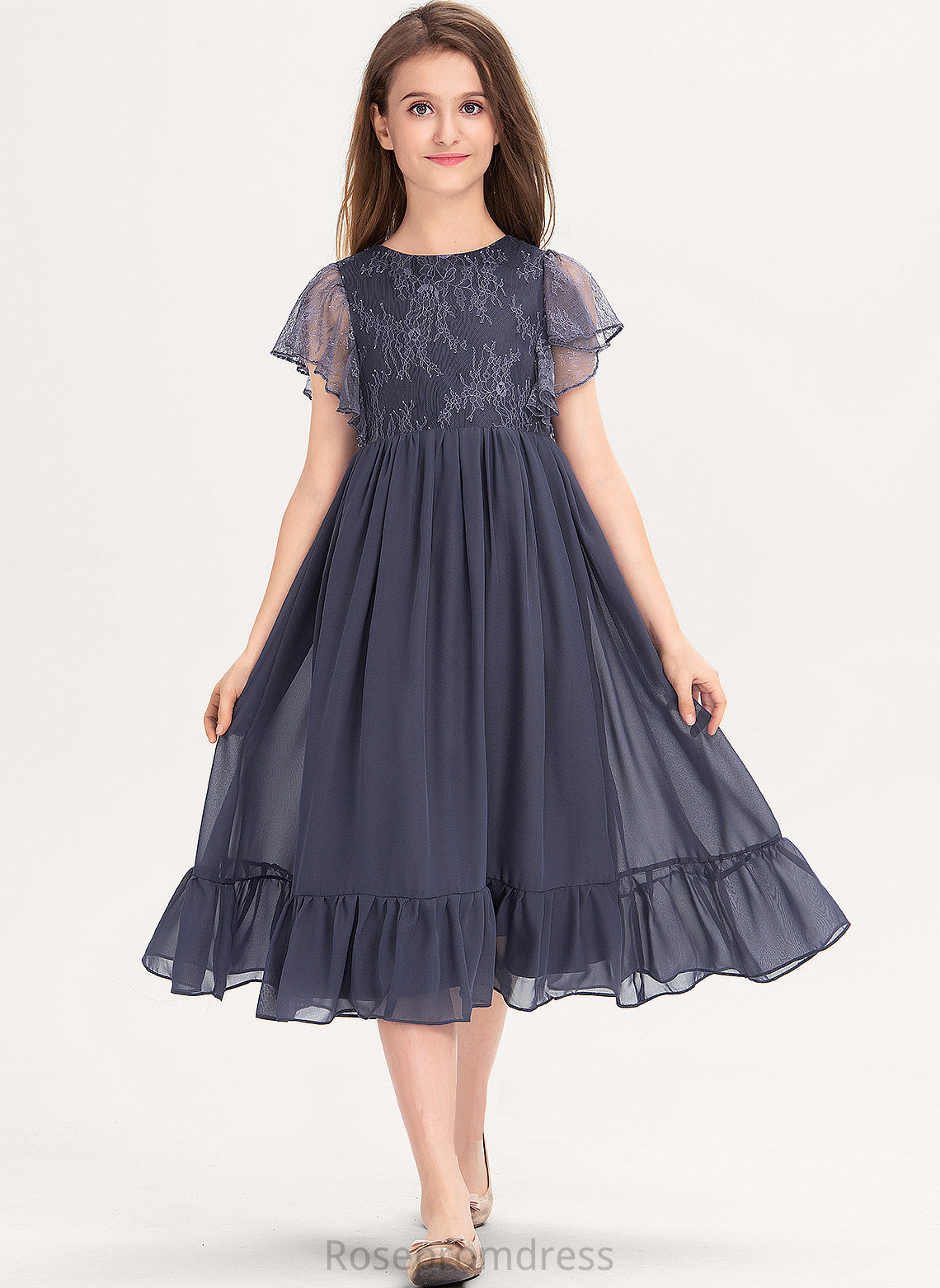 With Lace Knee-Length Novia Scoop Cascading A-Line Ruffles Chiffon Neck Junior Bridesmaid Dresses