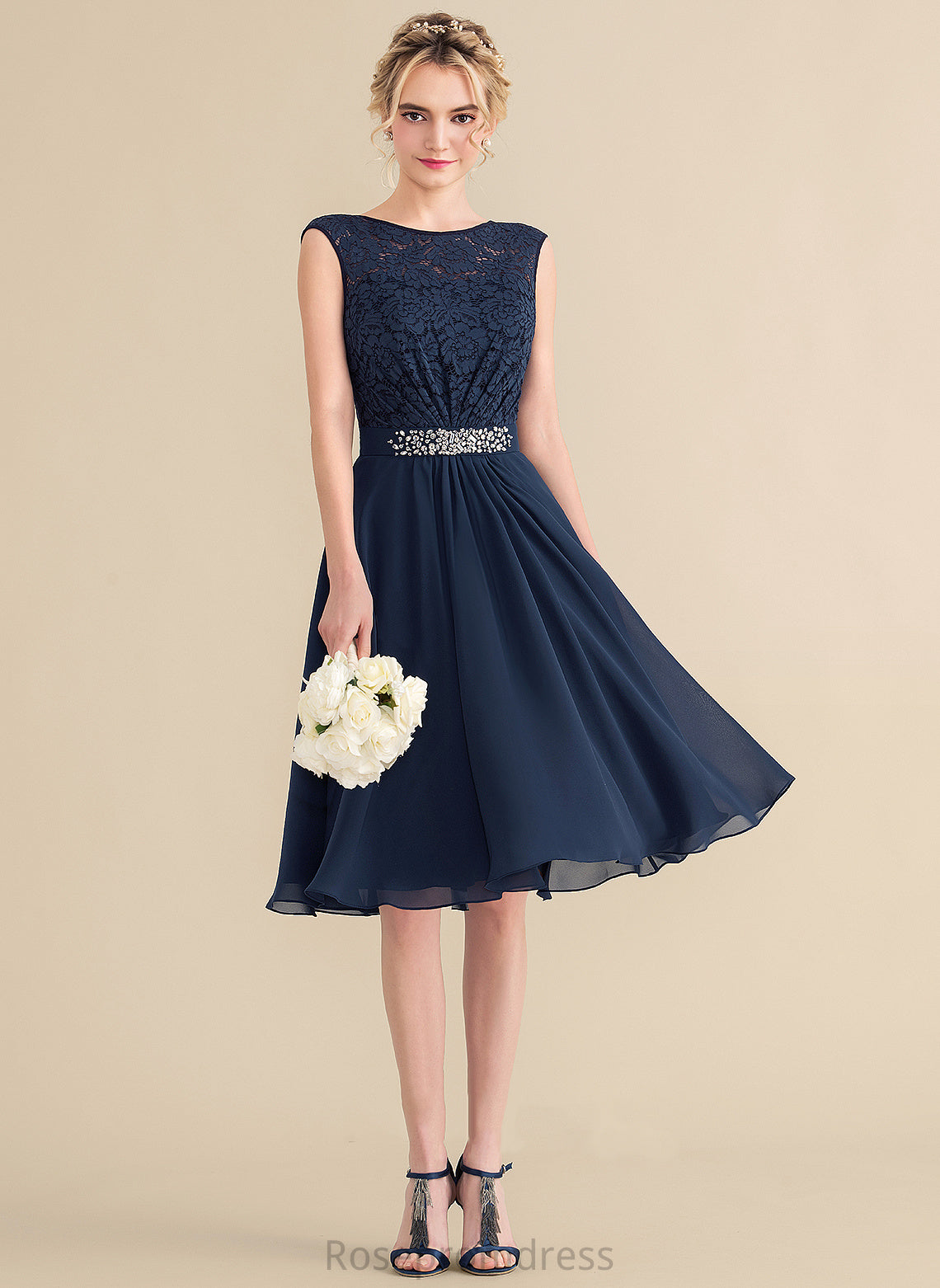 Bow(s) Lace Emmalee Knee-Length Dress Scoop A-Line Neck Beading Chiffon Homecoming Lace With Homecoming Dresses