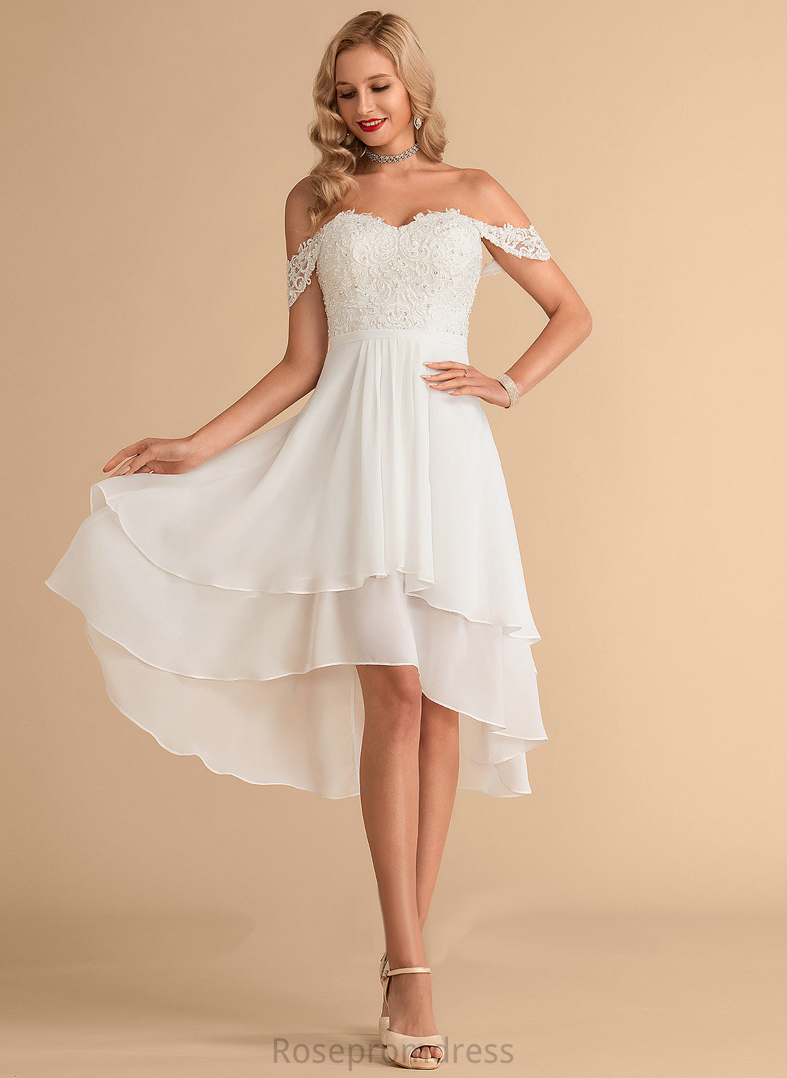 Sequins Lace Chiffon Dress Carly With Beading Wedding Asymmetrical Wedding Dresses A-Line Off-the-Shoulder