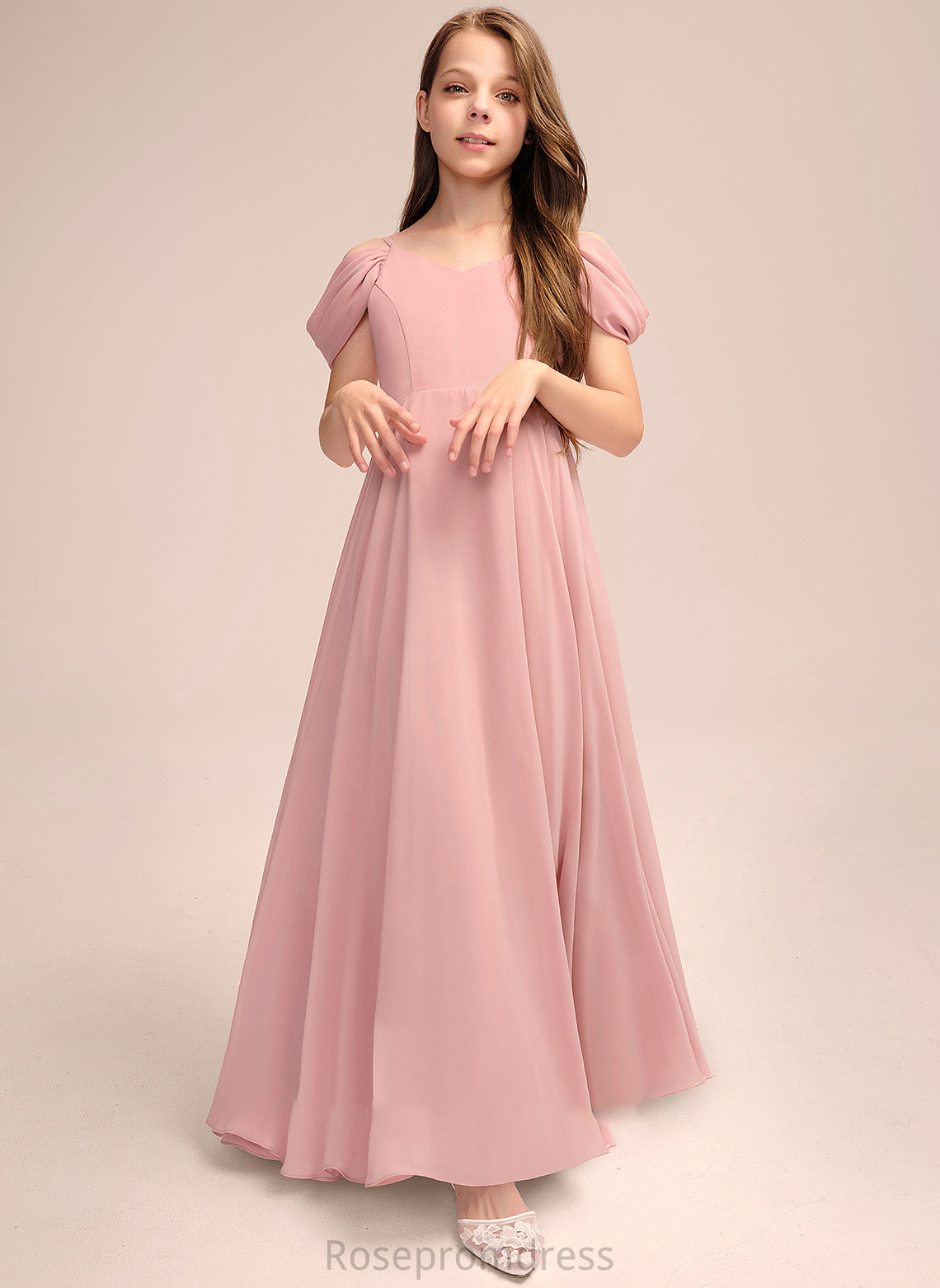 V-neck Floor-Length Angelique A-Line Chiffon Ruffle With Junior Bridesmaid Dresses