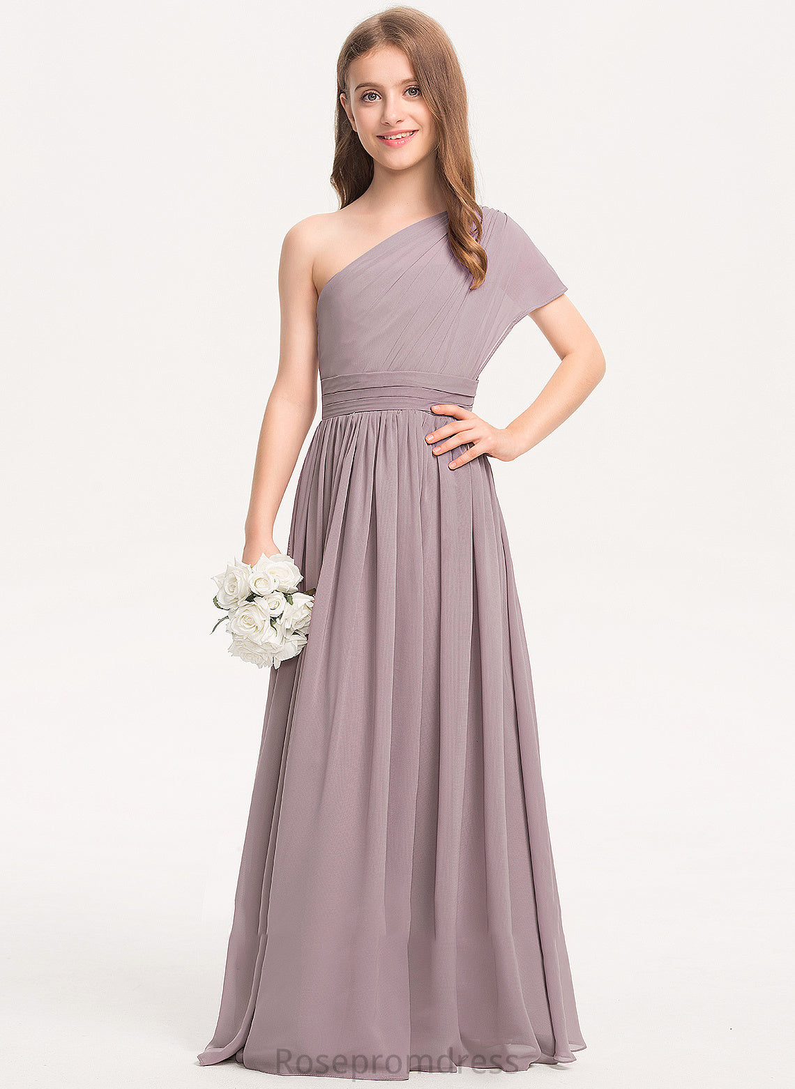 Junior Bridesmaid Dresses One-Shoulder Floor-Length Chiffon With Kathleen A-Line Ruffle