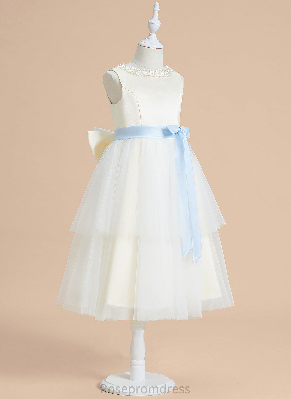 Scoop With A-Line Tea-length Satin/Tulle Sleeveless - Flower Neck Sash/Beading/Bow(s) Flower Girl Dresses Dress Miya Girl