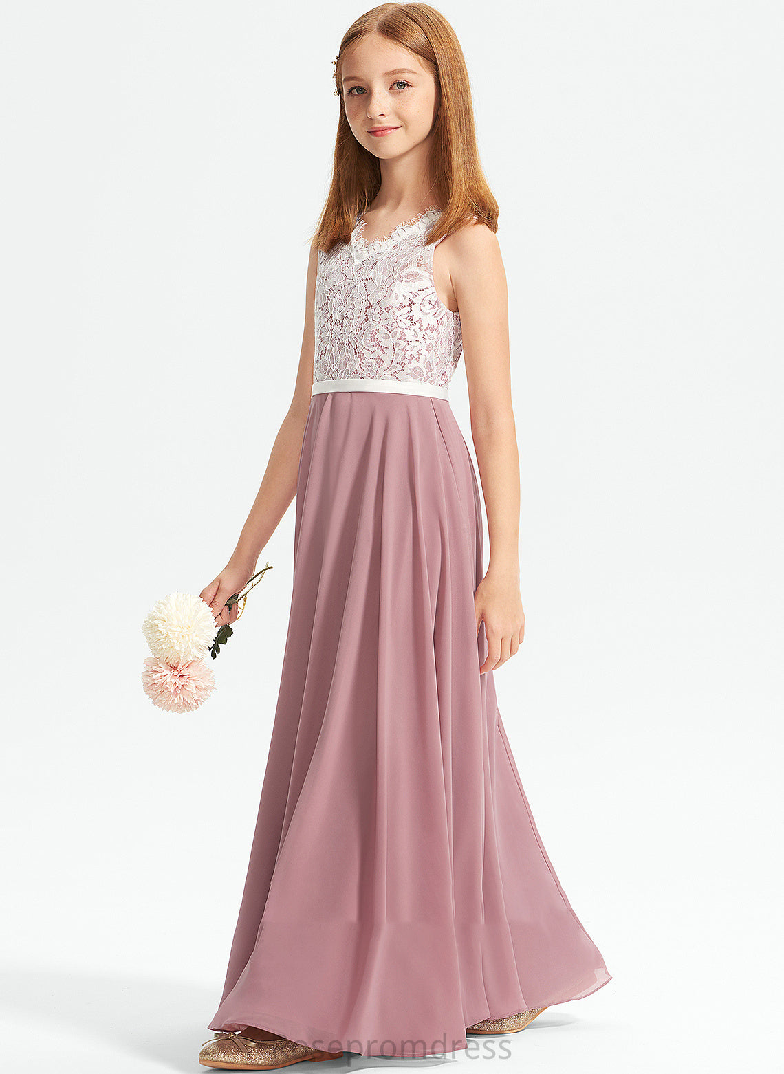 Junior Bridesmaid Dresses Thalia Floor-Length V-neck A-Line Lace Chiffon