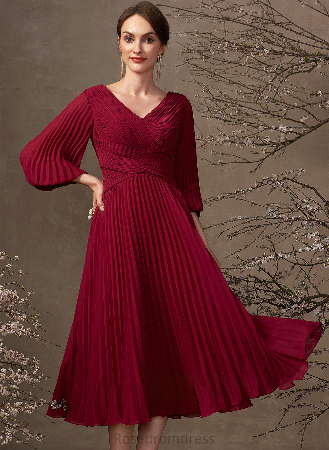 Pleated Chiffon Skyler A-Line Bride Mother Mother of the Bride Dresses of With the V-neck Dress Tea-Length