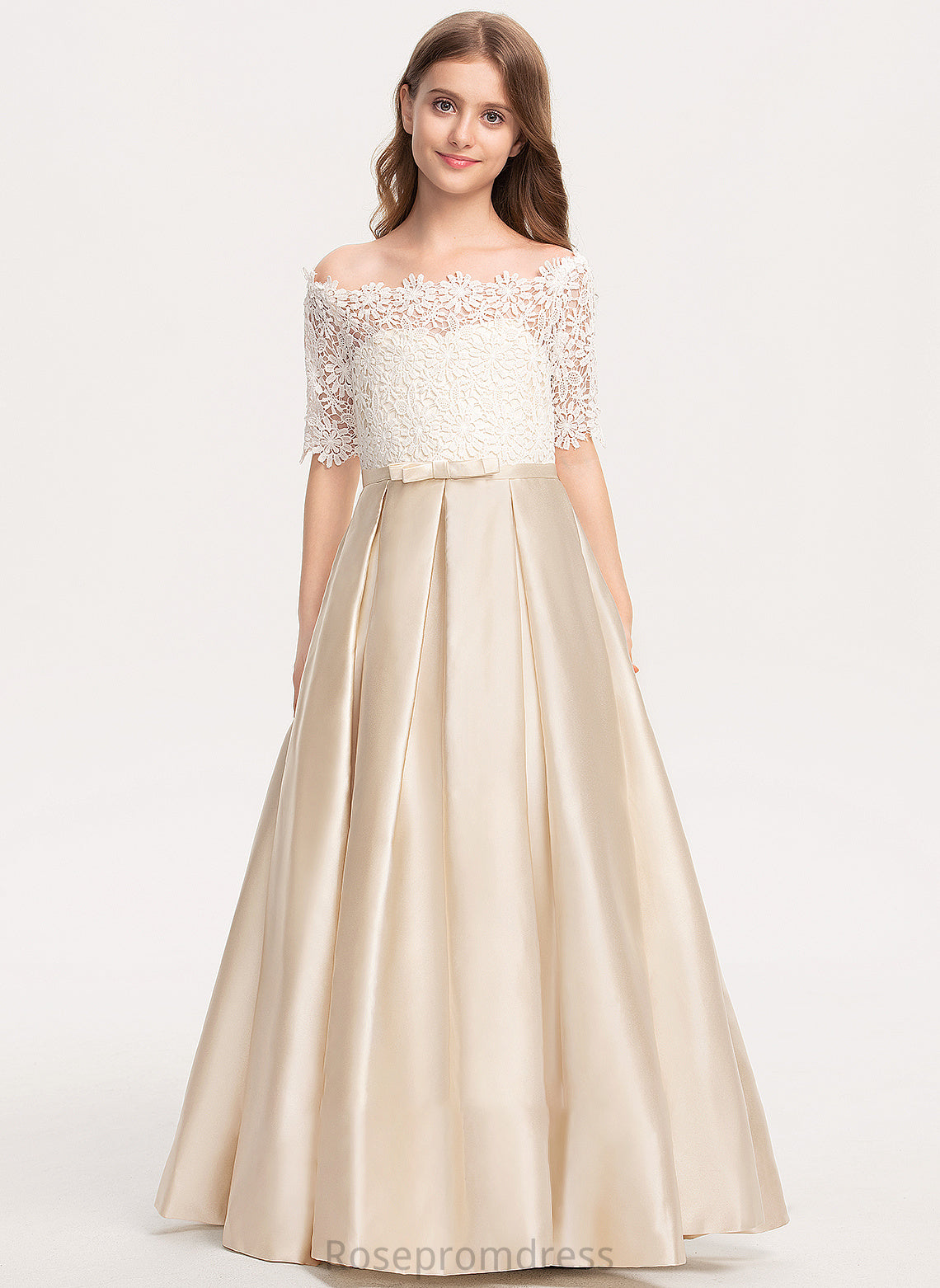 Bow(s) Satin Off-the-Shoulder Ball-Gown/Princess Lace Junior Bridesmaid Dresses Floor-Length Imani With Pockets