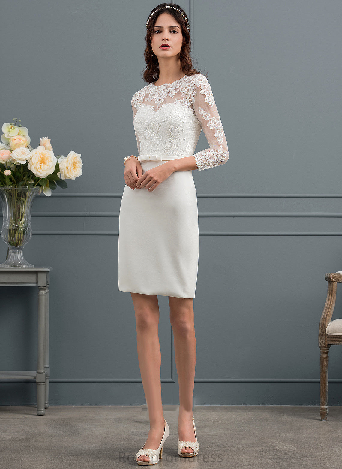 Sequins Wedding Dresses Stretch Dress Illusion Sheath/Column With Lace Wedding Bow(s) Knee-Length Crepe Xiomara