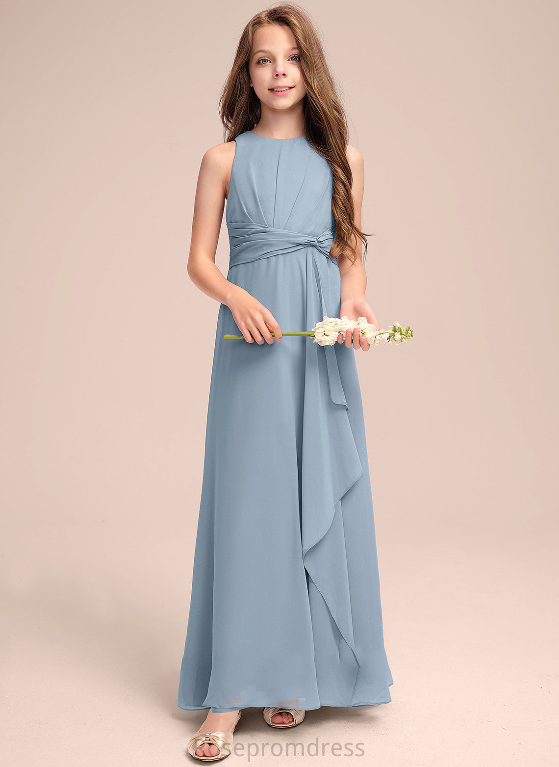 Junior Bridesmaid Dresses A-Line Kiara Neck Floor-Length Scoop Ruffles Cascading With Chiffon