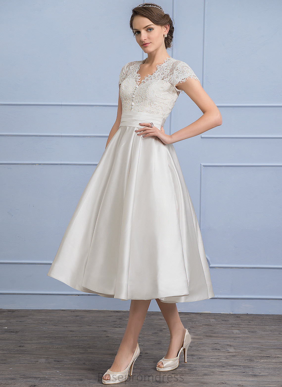 Ruffle A-Line Tea-Length Wedding Dresses Dress With Satin Wedding V-neck Lace Annalise