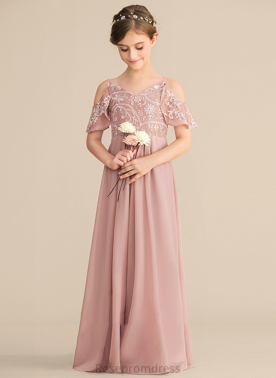 Floor-Length Lace Junior Bridesmaid Dresses Rebekah A-Line Chiffon V-neck