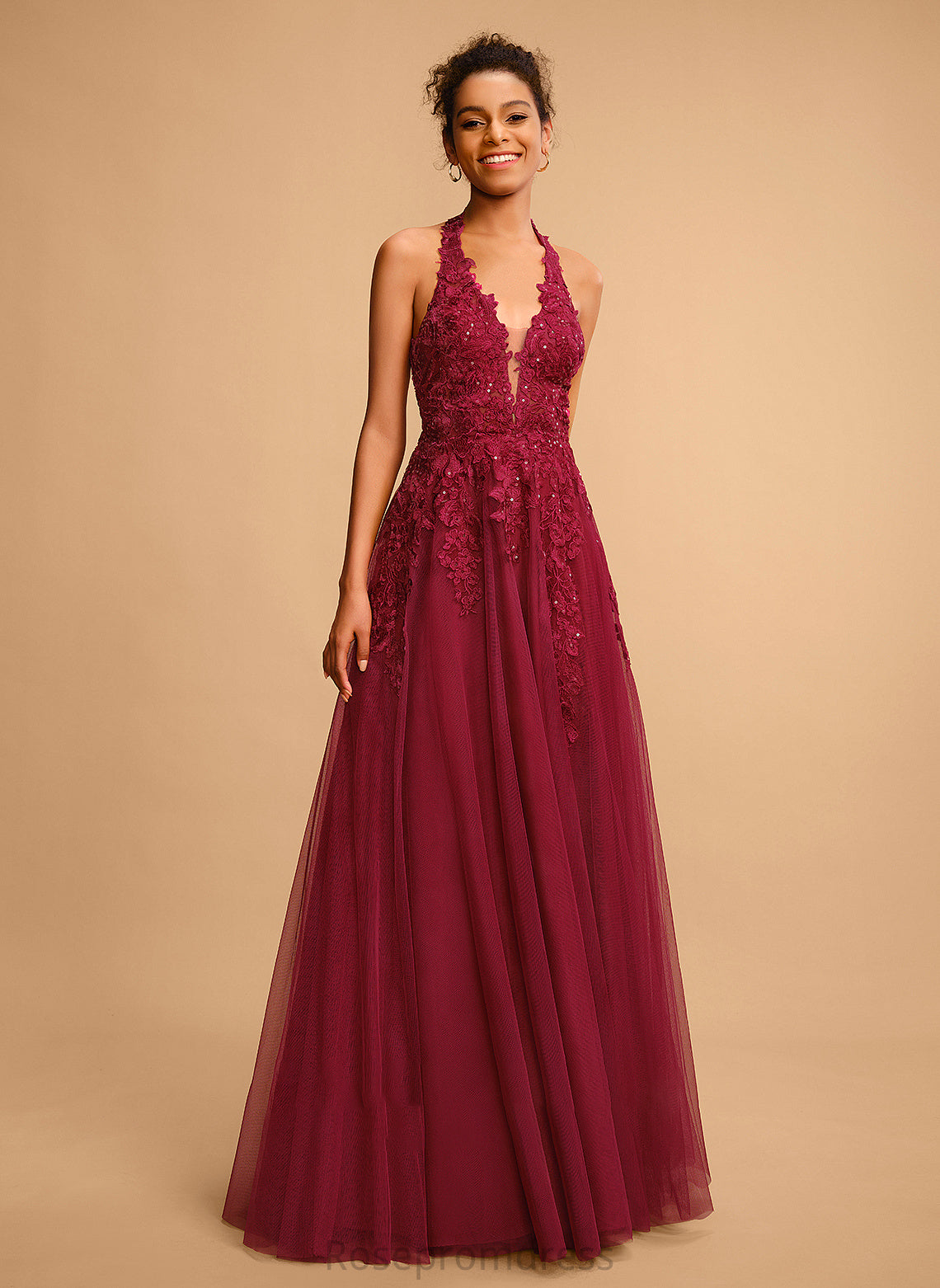 Ball-Gown/Princess Sequins With Halter Prom Dresses Lace Floor-Length Tulle Lizbeth