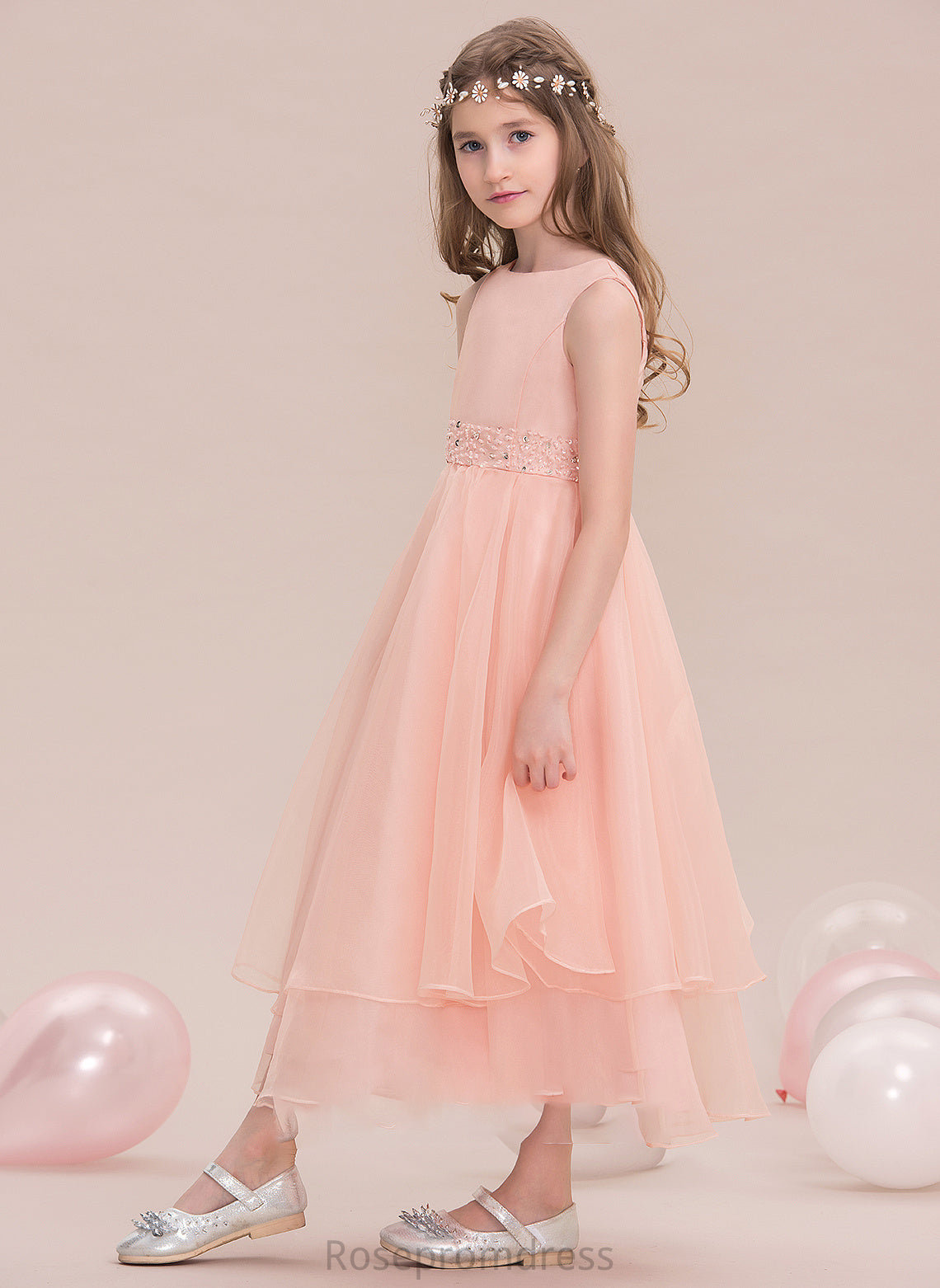 With Skye Junior Bridesmaid Dresses Beading A-Line Organza Ankle-Length Sequins Neck Scoop