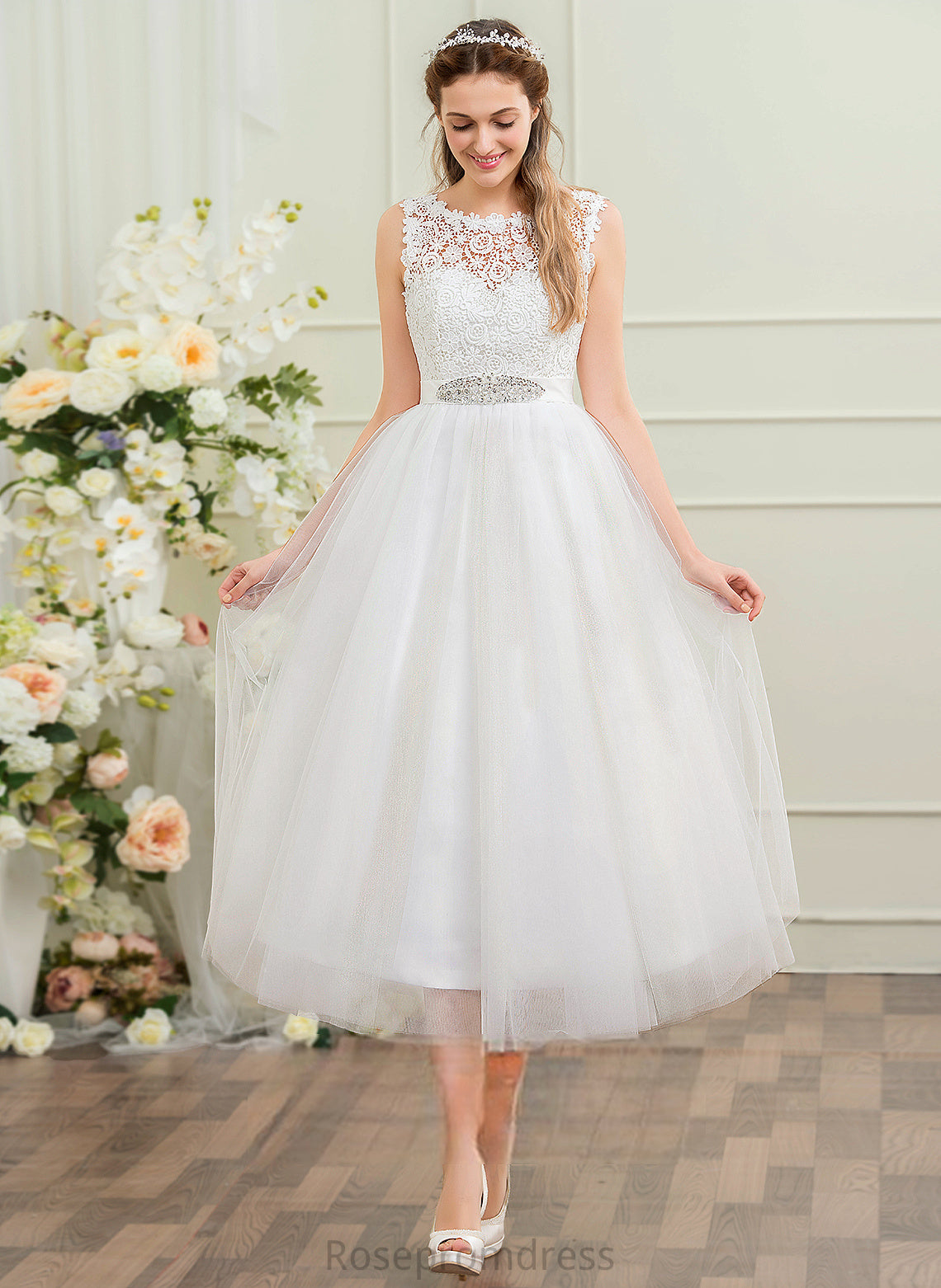 Tea-Length Scoop Wedding Dresses With Ball-Gown/Princess Neck Sequins Dress Lace Beading Satin Avery Tulle Wedding