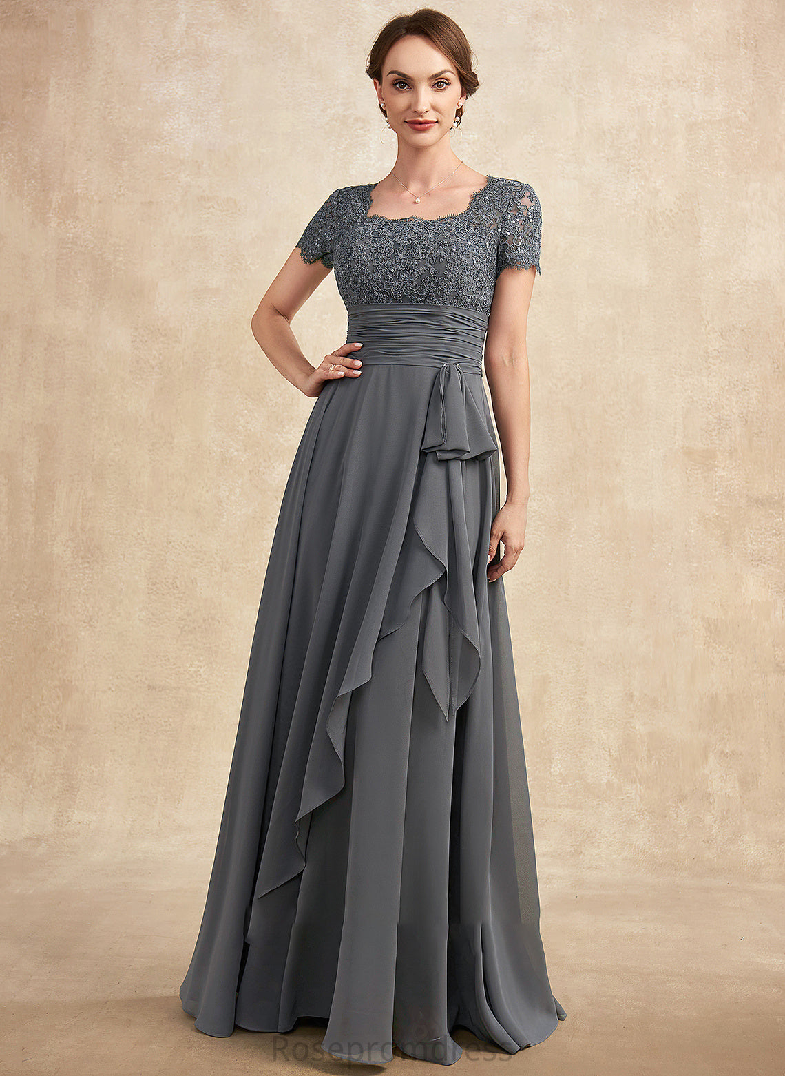 Bride Sequins Mother Dress Floor-Length the Ruffle Neckline Beryl of Chiffon A-Line Square Mother of the Bride Dresses With Lace