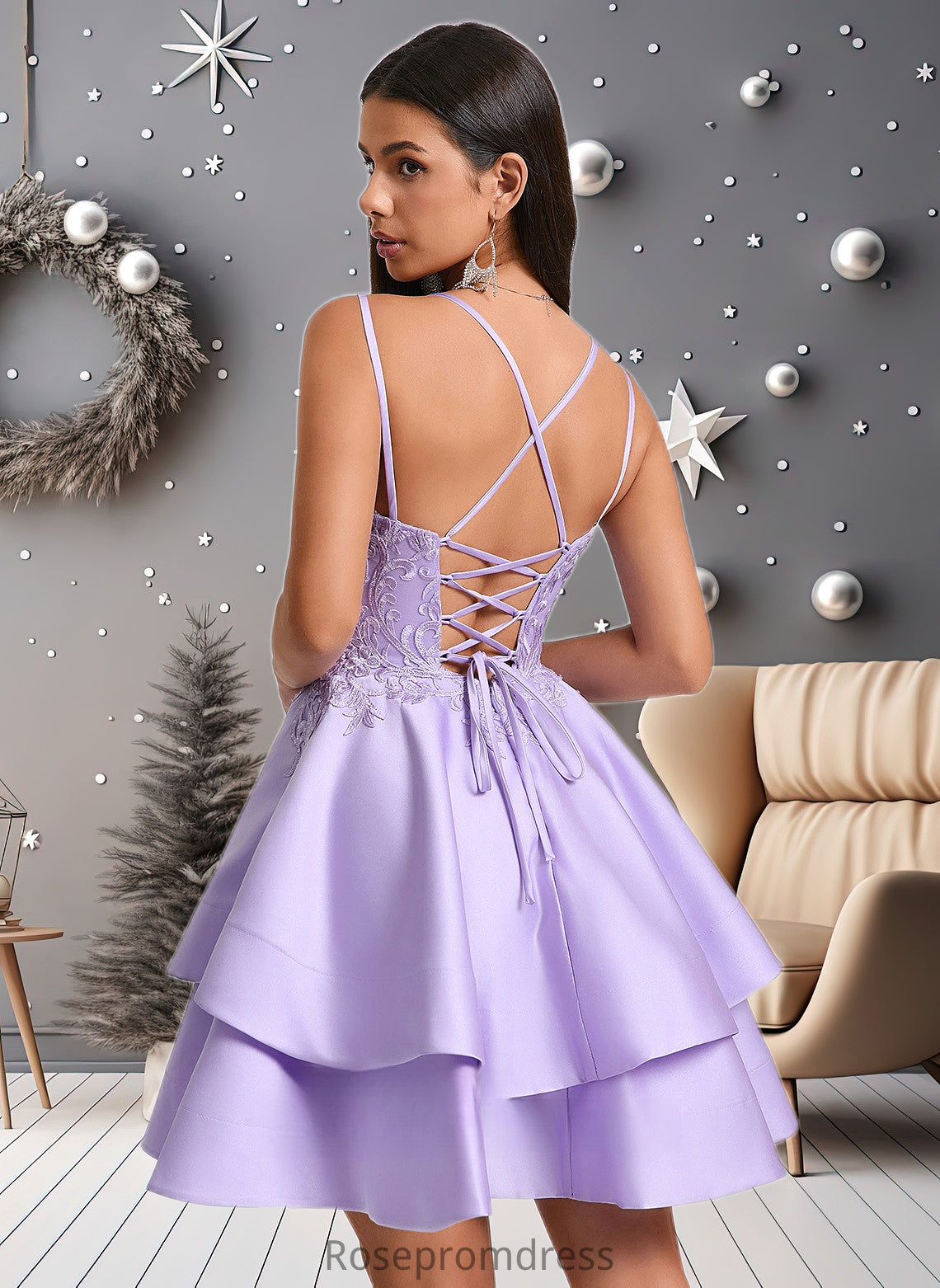 Ainsley A-line V-Neck Short Satin Homecoming Dress With Appliques Lace DSP0025692