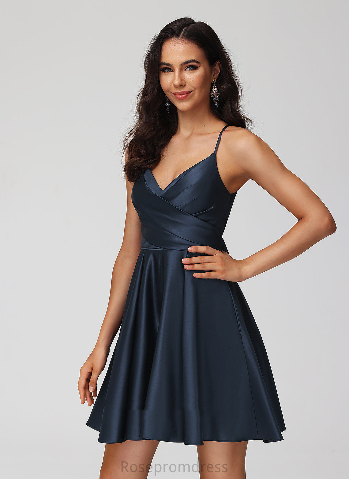 Jazmyn Short/Mini Satin A-Line V-neck Dress Homecoming With Homecoming Dresses Pleated