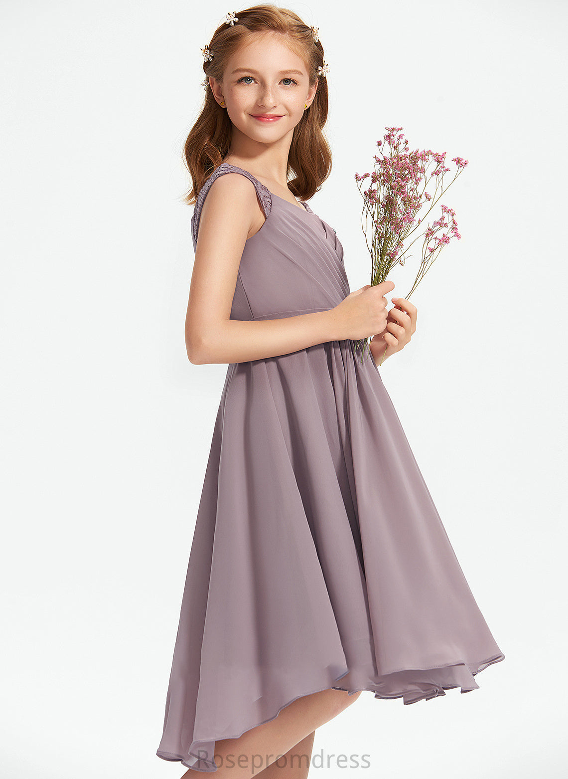 Ruffle With A-Line V-neck Catherine Lace Chiffon Knee-Length Junior Bridesmaid Dresses