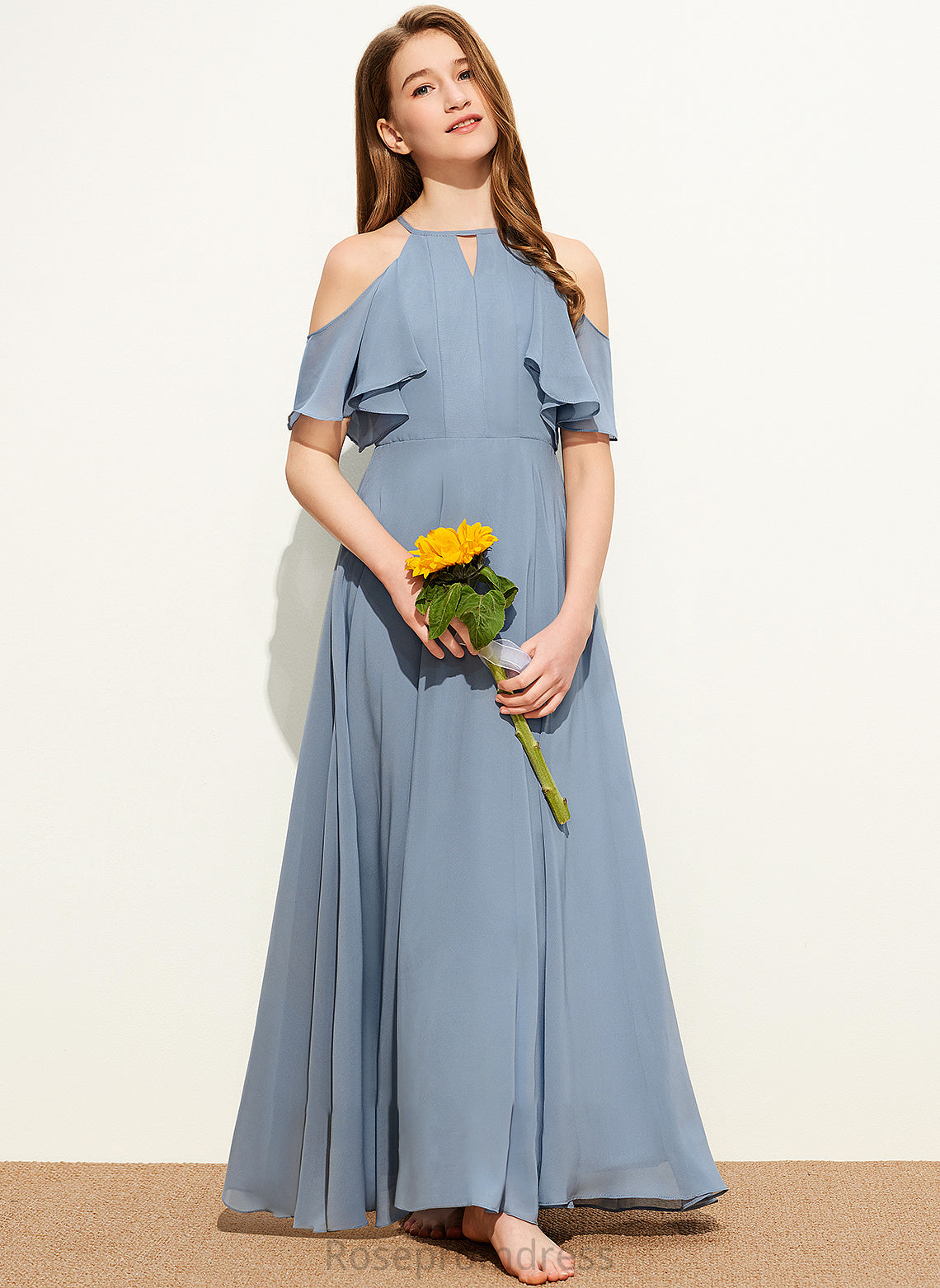 Junior Bridesmaid Dresses A-Line Floor-Length With Scoop Chiffon Teresa Neck Cascading Ruffles