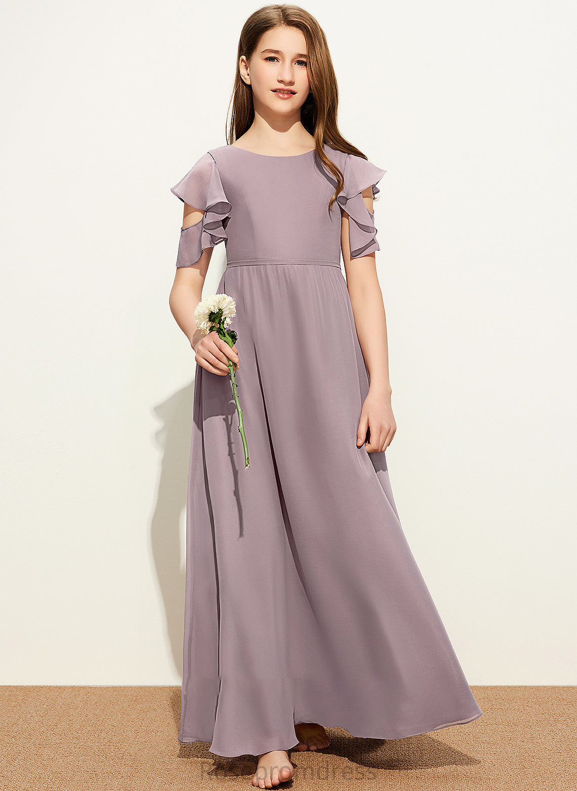 Junior Bridesmaid Dresses With Ruffles Chiffon Cascading A-Line Scoop Floor-Length Neck Lexi