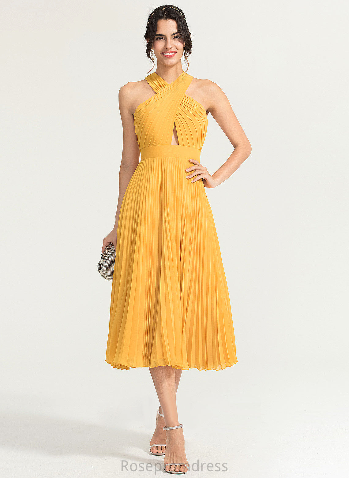 Chiffon Cocktail With Tea-Length A-Line V-neck Pleated Erika Cocktail Dresses Dress