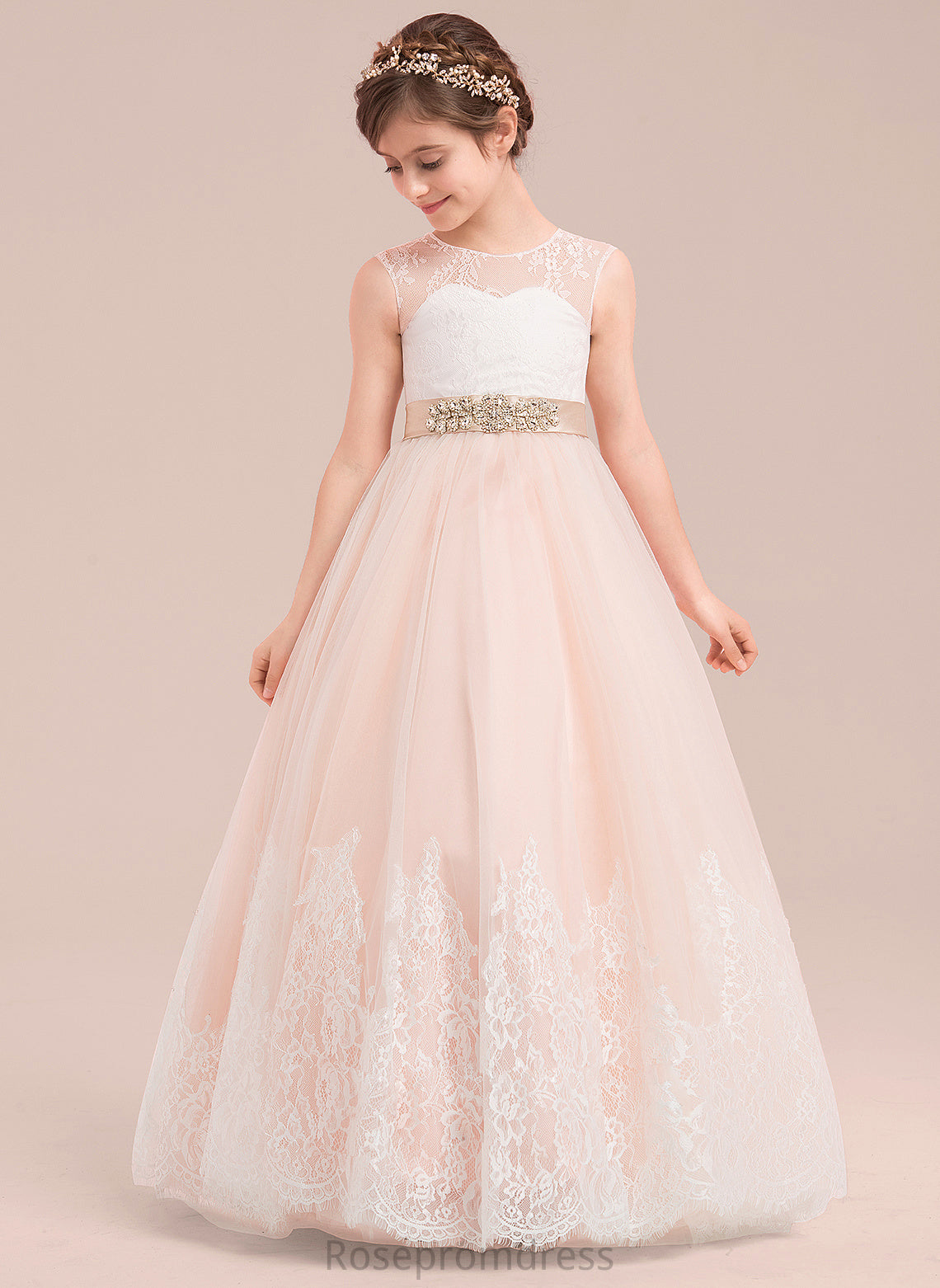 Floor-length Sleeveless Beading Ball-Gown/Princess Flower Girl Dresses Gillian - Flower Girl With Neck Scoop Dress Satin/Tulle/Lace