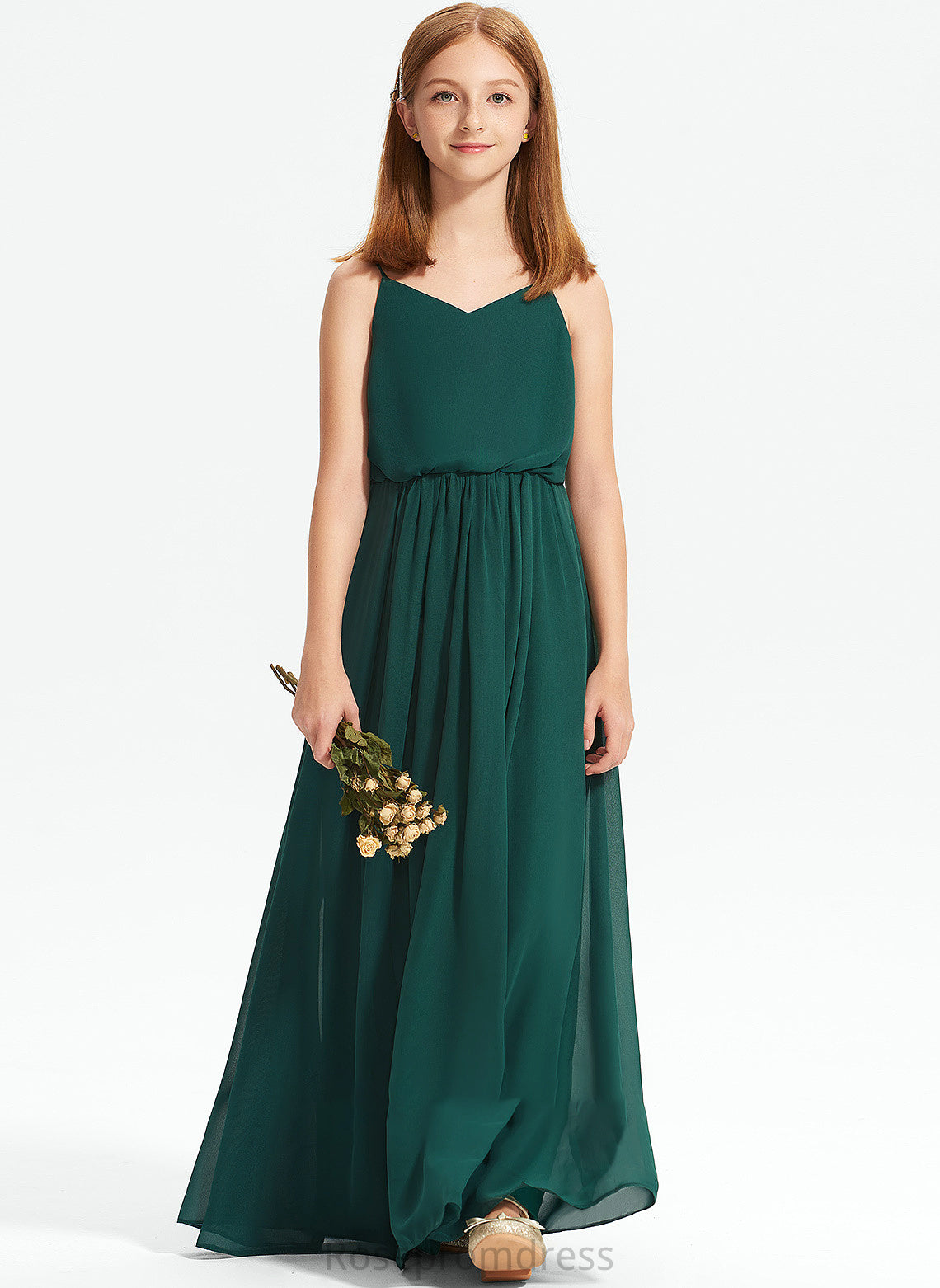 Floor-Length Junior Bridesmaid Dresses A-Line Dahlia Ruffle Chiffon V-neck With