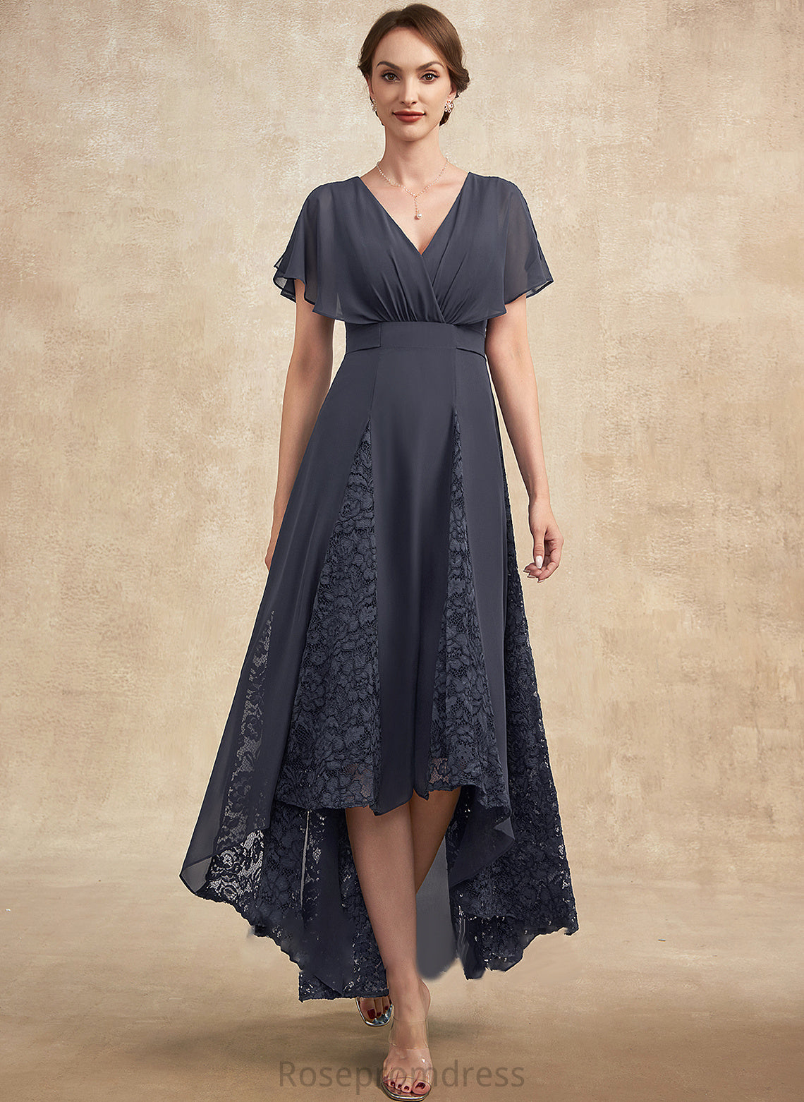 With Dress Asymmetrical Ruffle A-Line Sabrina of Mother Lace V-neck the Mother of the Bride Dresses Chiffon Bride