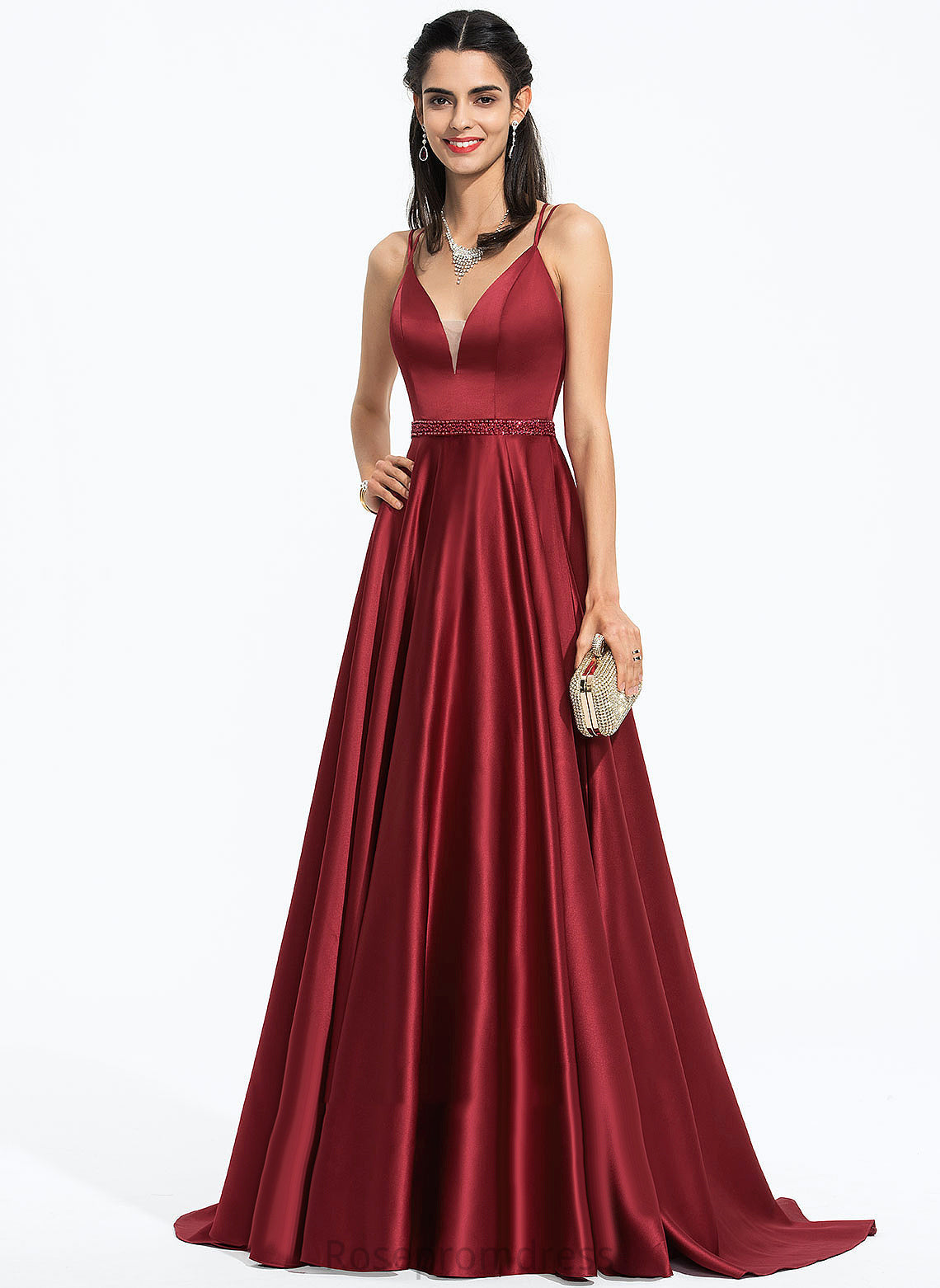 Satin Sequins Prom Dresses Beading With V-neck Train Sweep A-Line Ashtyn