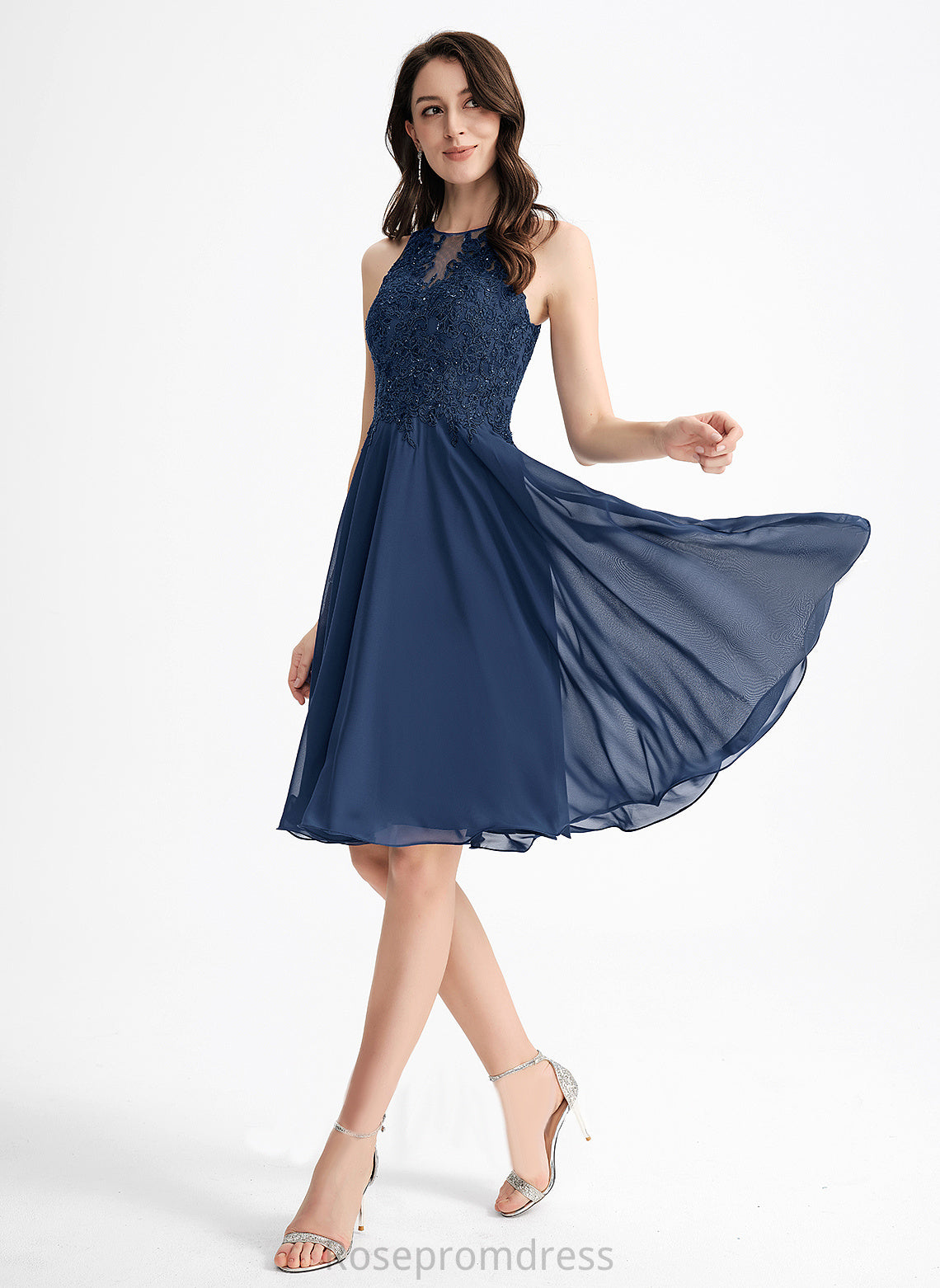 Brooklynn Dress A-Line Lace Beading Scoop Chiffon Cocktail Dresses Knee-Length With Lace Neck Cocktail