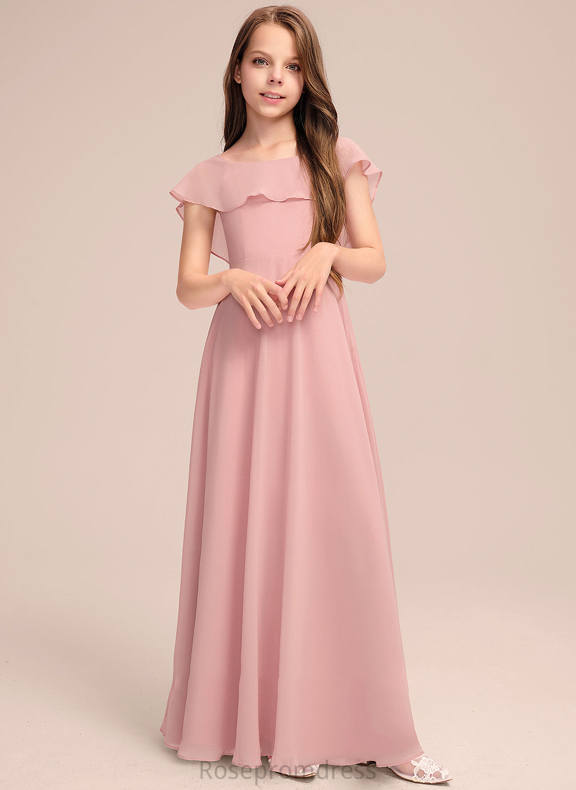 Cascading A-Line Floor-Length Junior Bridesmaid Dresses With Ruffles Neck Scoop Rachel Chiffon