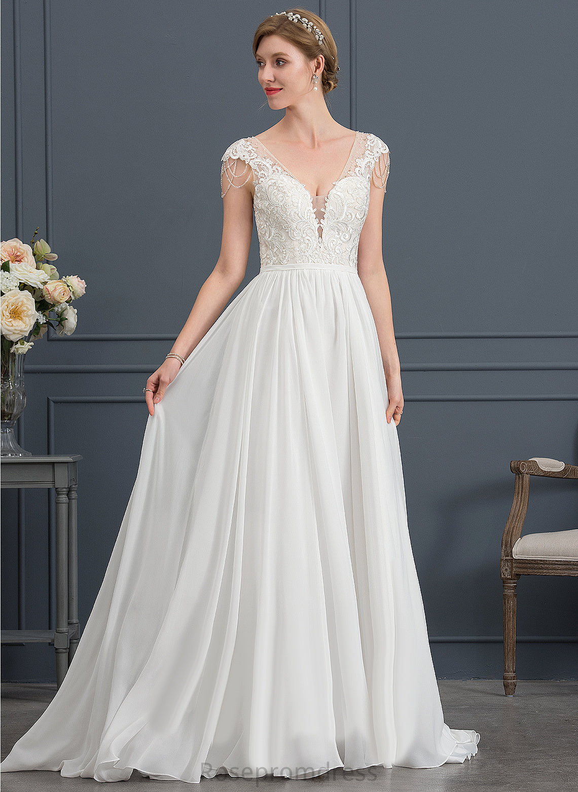 Dress Beading With Pauline Wedding Sequins Sweep Lace Chiffon V-neck Train A-Line Wedding Dresses