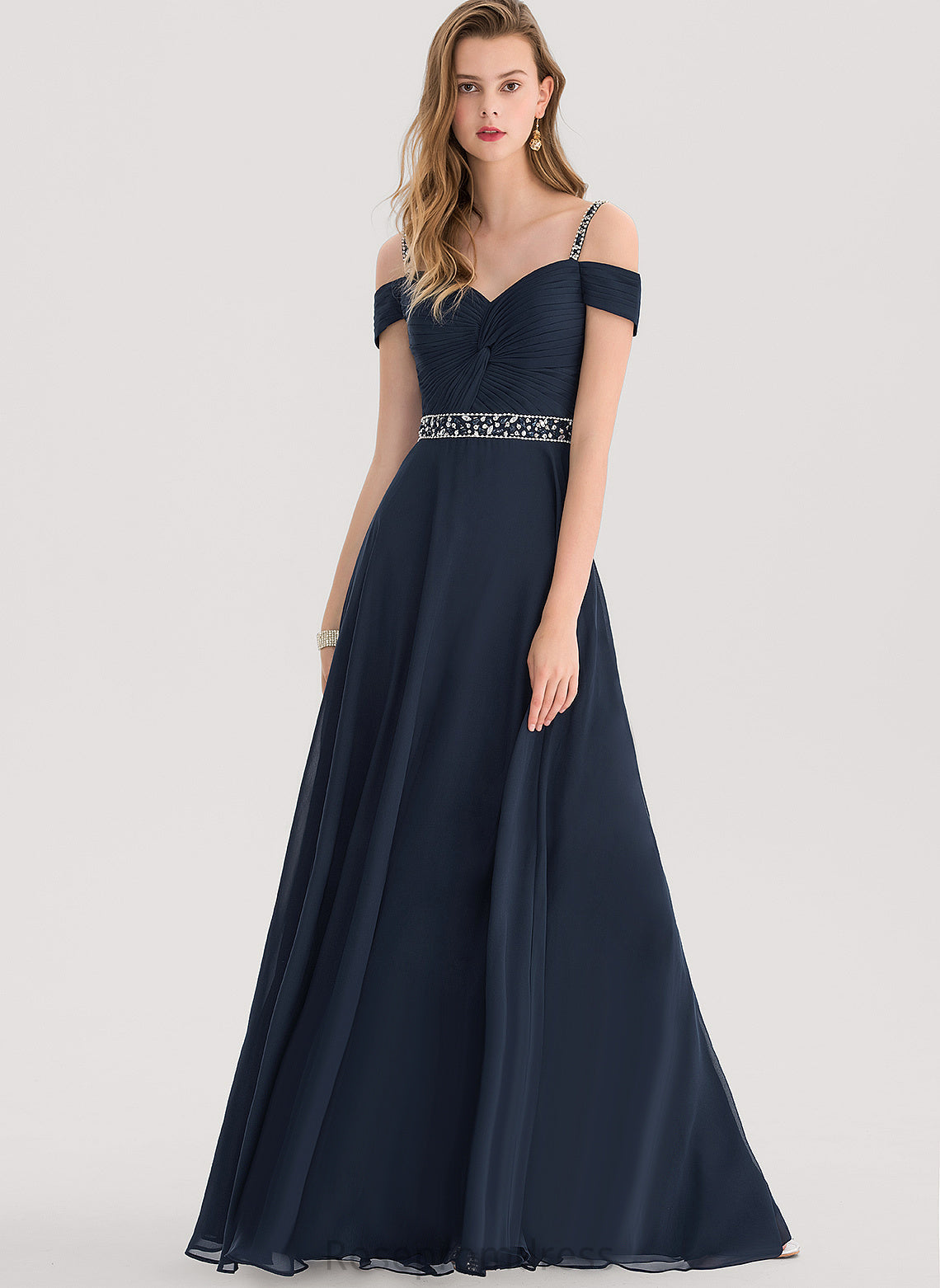 Shoulder V-neck Chiffon London Floor-Length Prom Dresses With A-Line Beading Cold Pleated Sequins