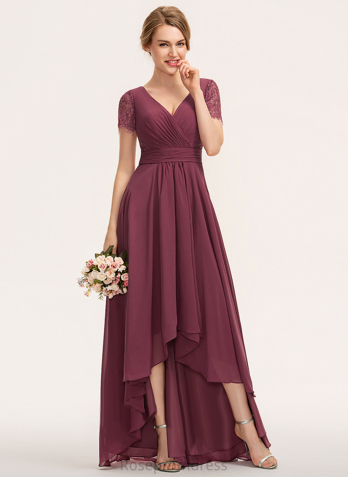 Length Asymmetrical Pleated Silhouette Neckline V-neck Embellishment A-Line Fabric Adeline Bridesmaid Dresses