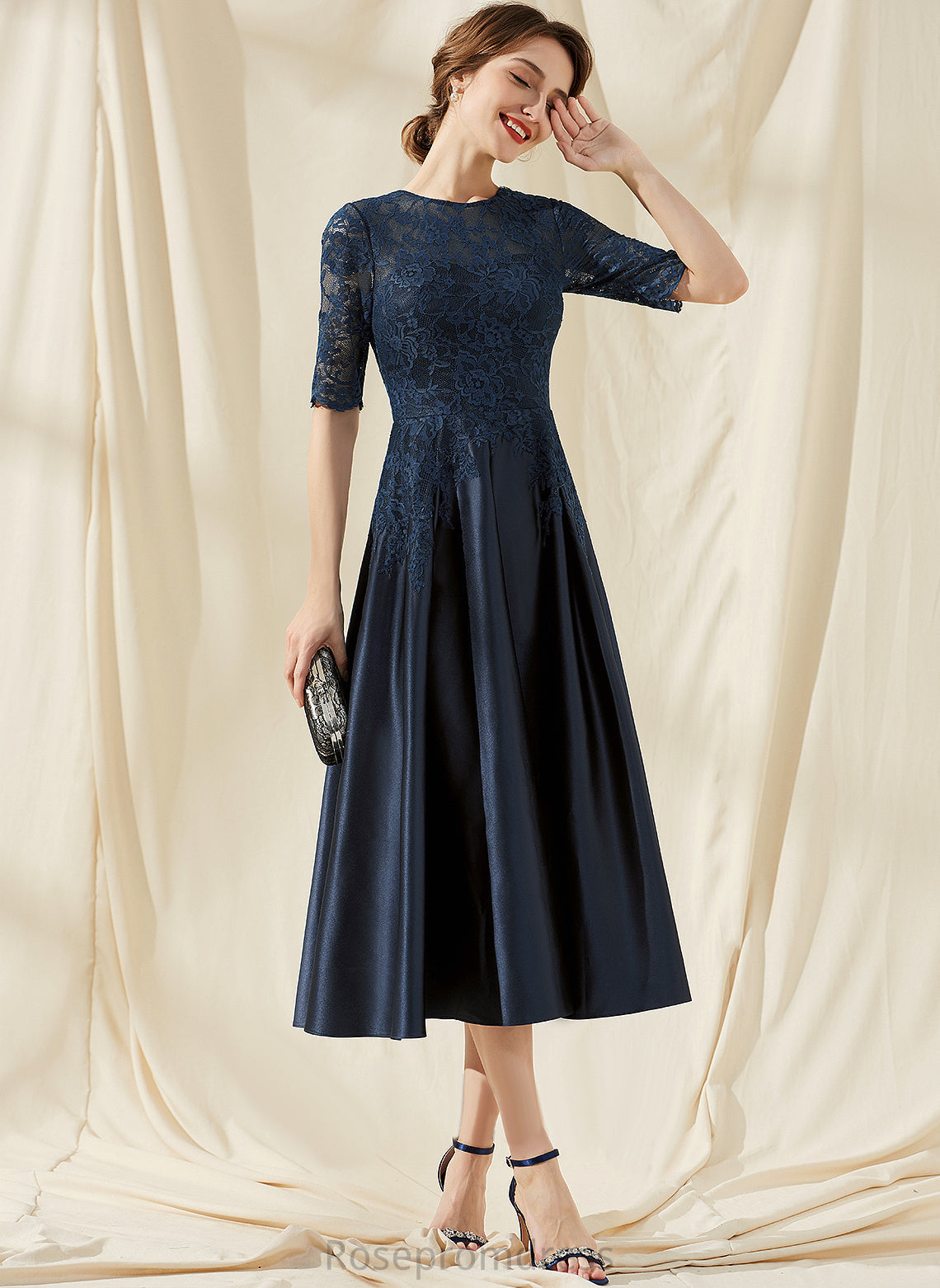 Dress Lace Neck Cocktail Dresses Scoop Tea-Length A-Line Cocktail Jimena Satin