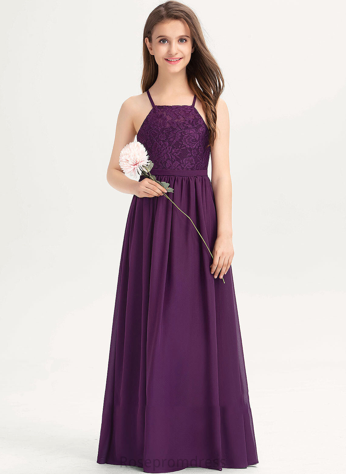 Louisa Bow(s) A-Line Square Lace With Neckline Junior Bridesmaid Dresses Floor-Length Chiffon