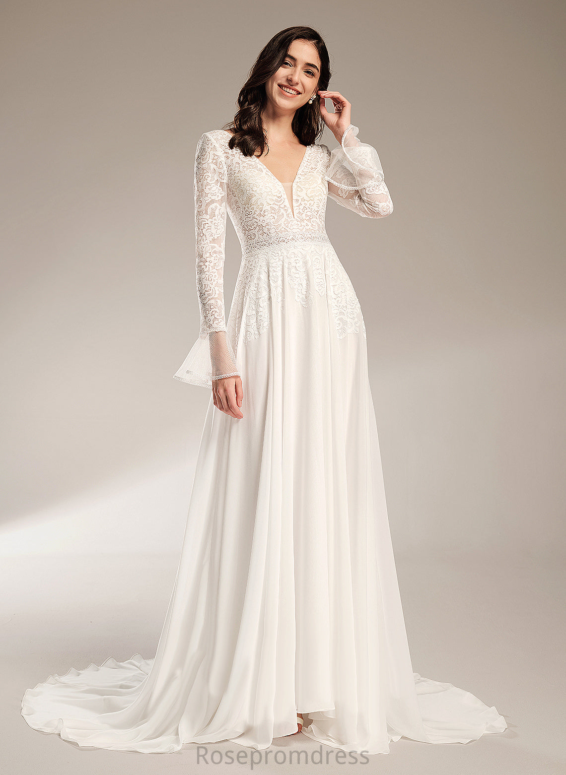 Chiffon Wedding Dresses Wedding Ruffle Court V-neck With Dress Ayla Lace Train A-Line