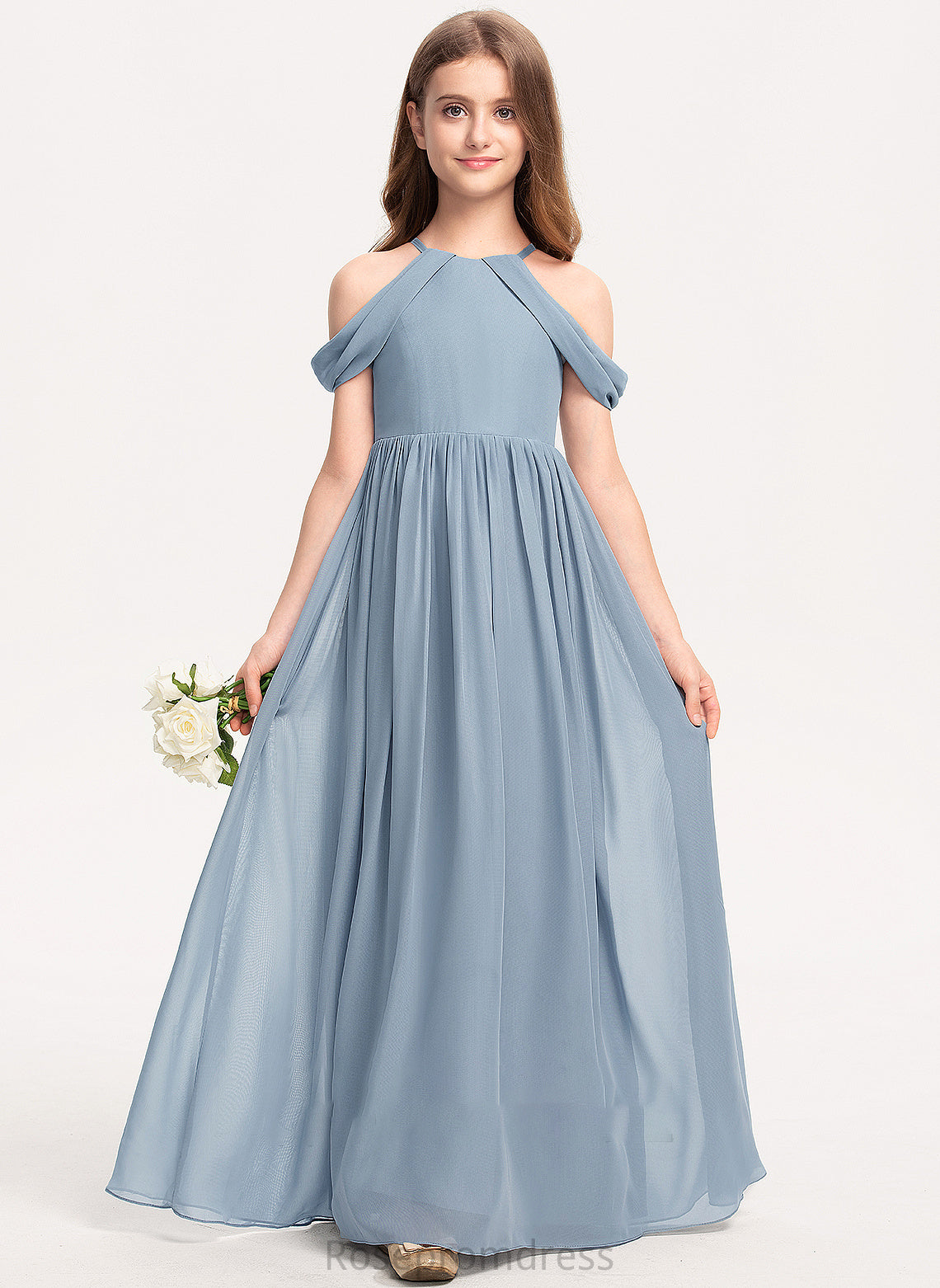 Ruffle Fiona Chiffon Floor-Length Scoop A-Line With Neck Junior Bridesmaid Dresses