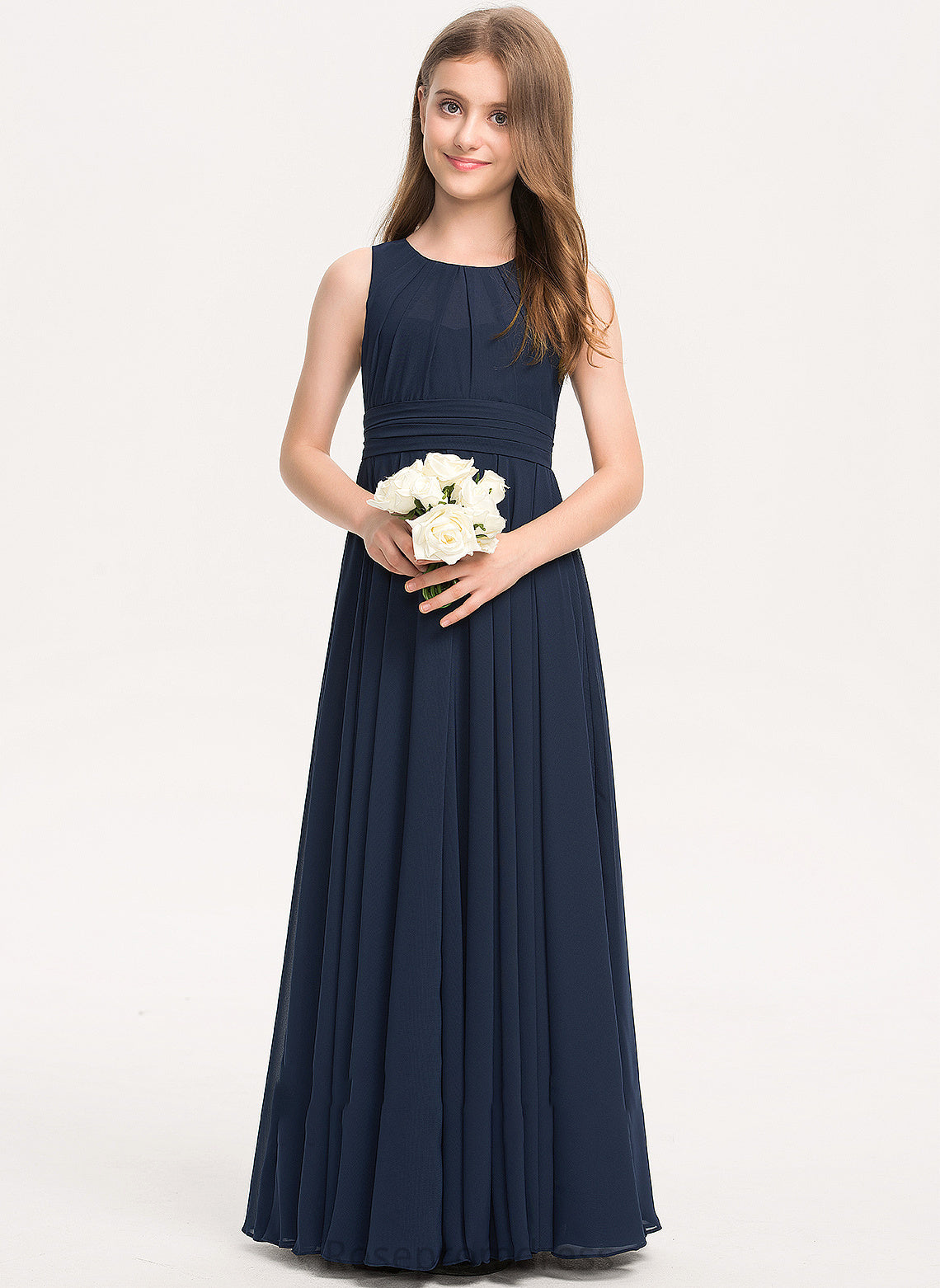 With A-Line Junior Bridesmaid Dresses Ruffle Chiffon Scoop Floor-Length Neck Maleah