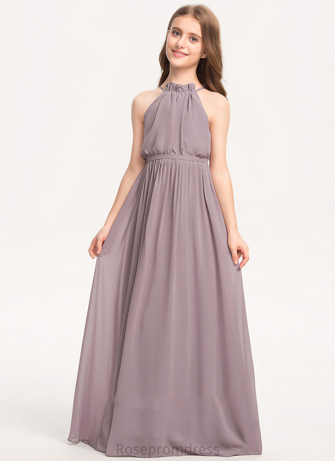 Junior Bridesmaid Dresses Chiffon Bow(s) Cascading Ruffles Uerica Neck With High A-Line Floor-Length