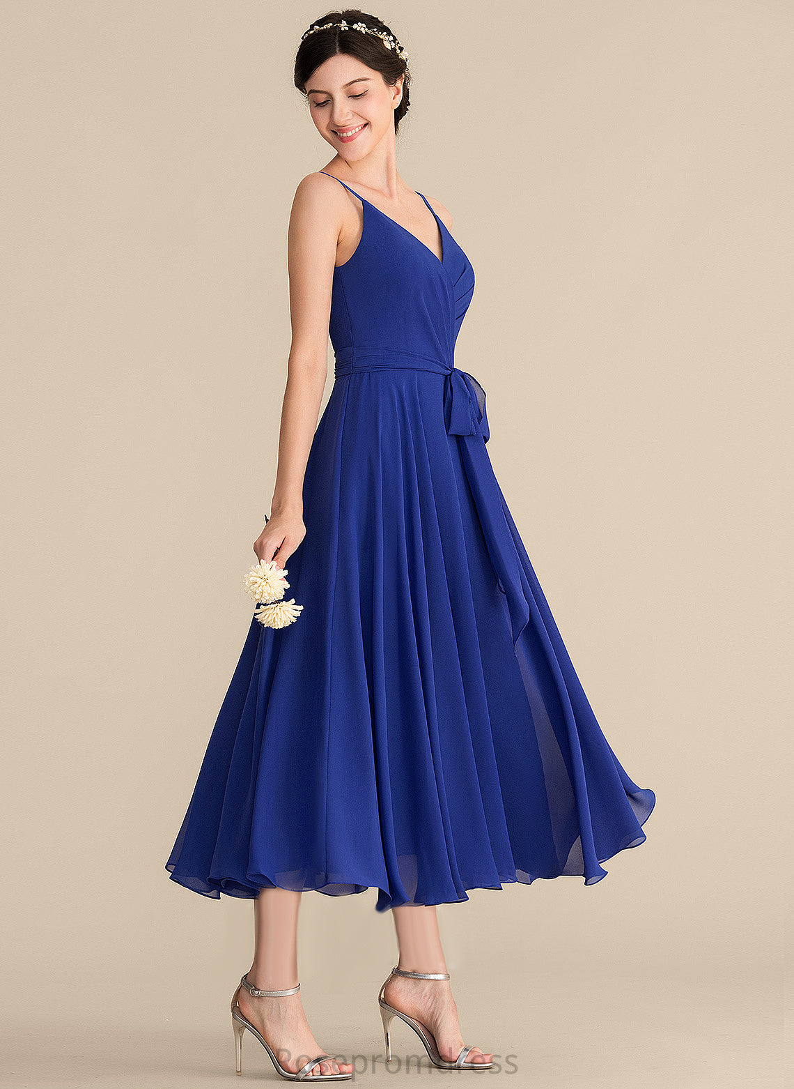 Neckline Tea-Length Silhouette A-line Embellishment Fabric V-Neck Length Cloe Bridesmaid Dresses