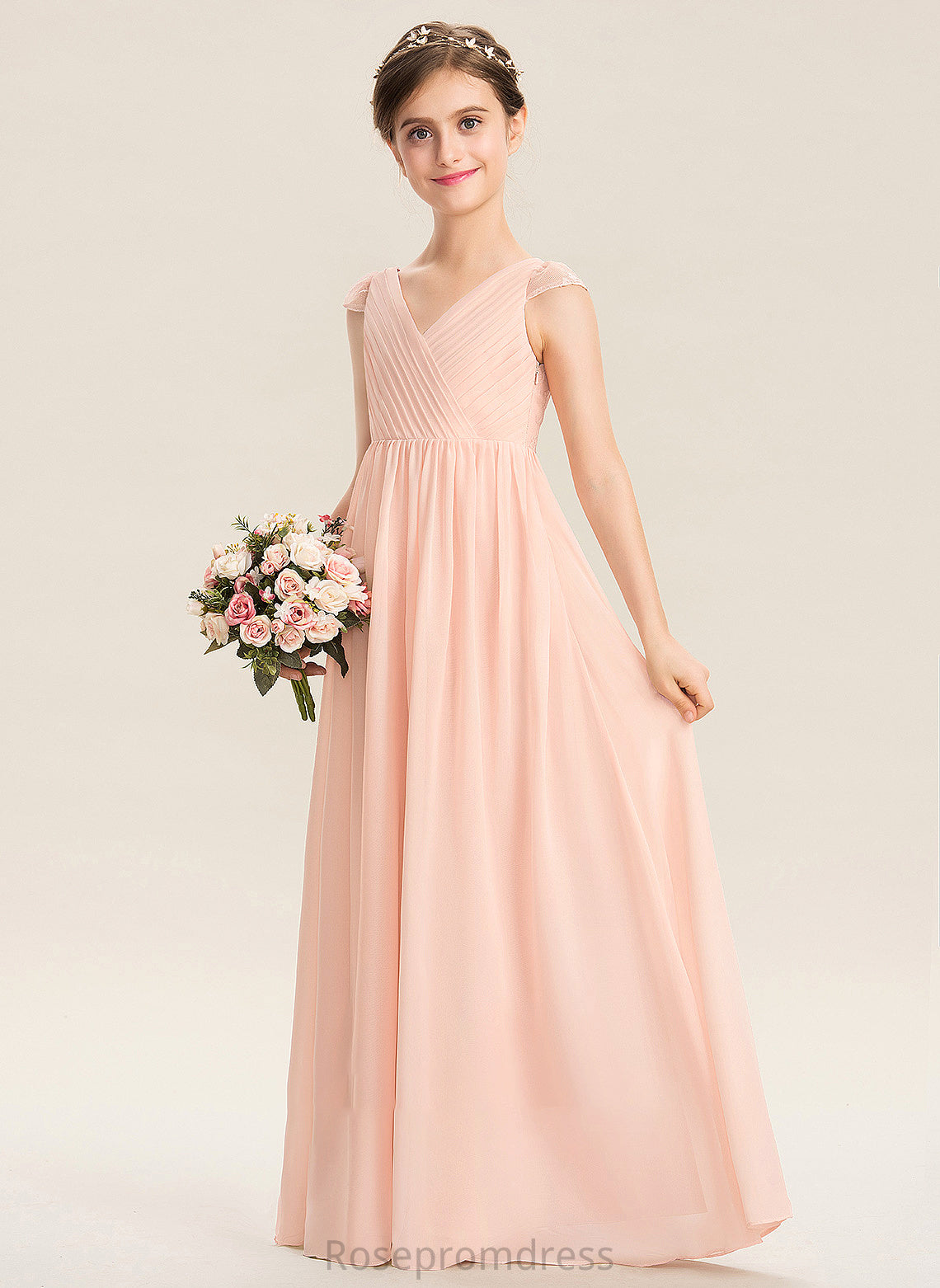 Floor-Length Elsie Junior Bridesmaid Dresses Lace Chiffon Ruffle A-Line V-neck With