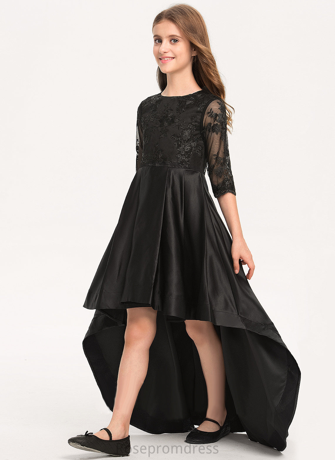 Satin Lace Asymmetrical With Girl Flower 3/4 Dress Scoop Flower Girl Dresses Cristal Neck Sleeves - A-Line