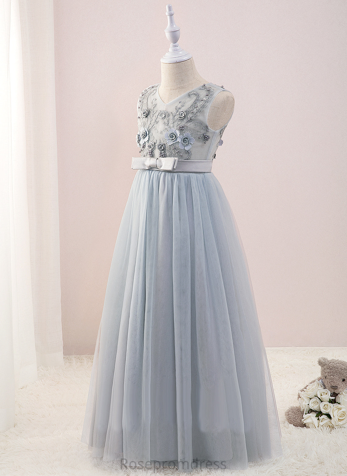 Flower A-Line Sleeveless Beading/Flower(s) Dress - Tulle/Lace Flower Girl Dresses Floor-length With V-neck Veronica Girl