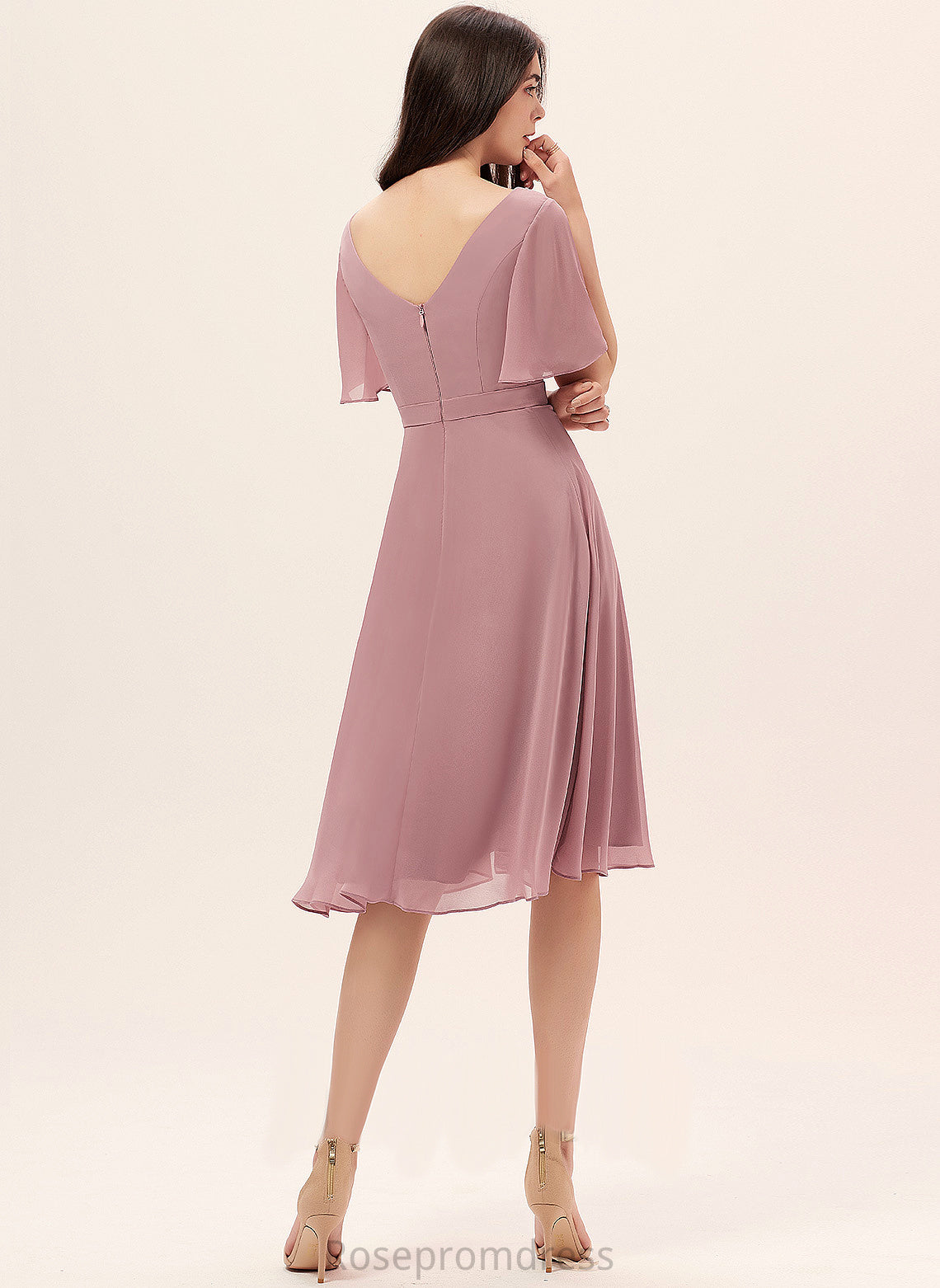 Silhouette Fabric A-Line Straps&Sleeves Knee-Length Length Neckline V-neck Leanna Bridesmaid Dresses