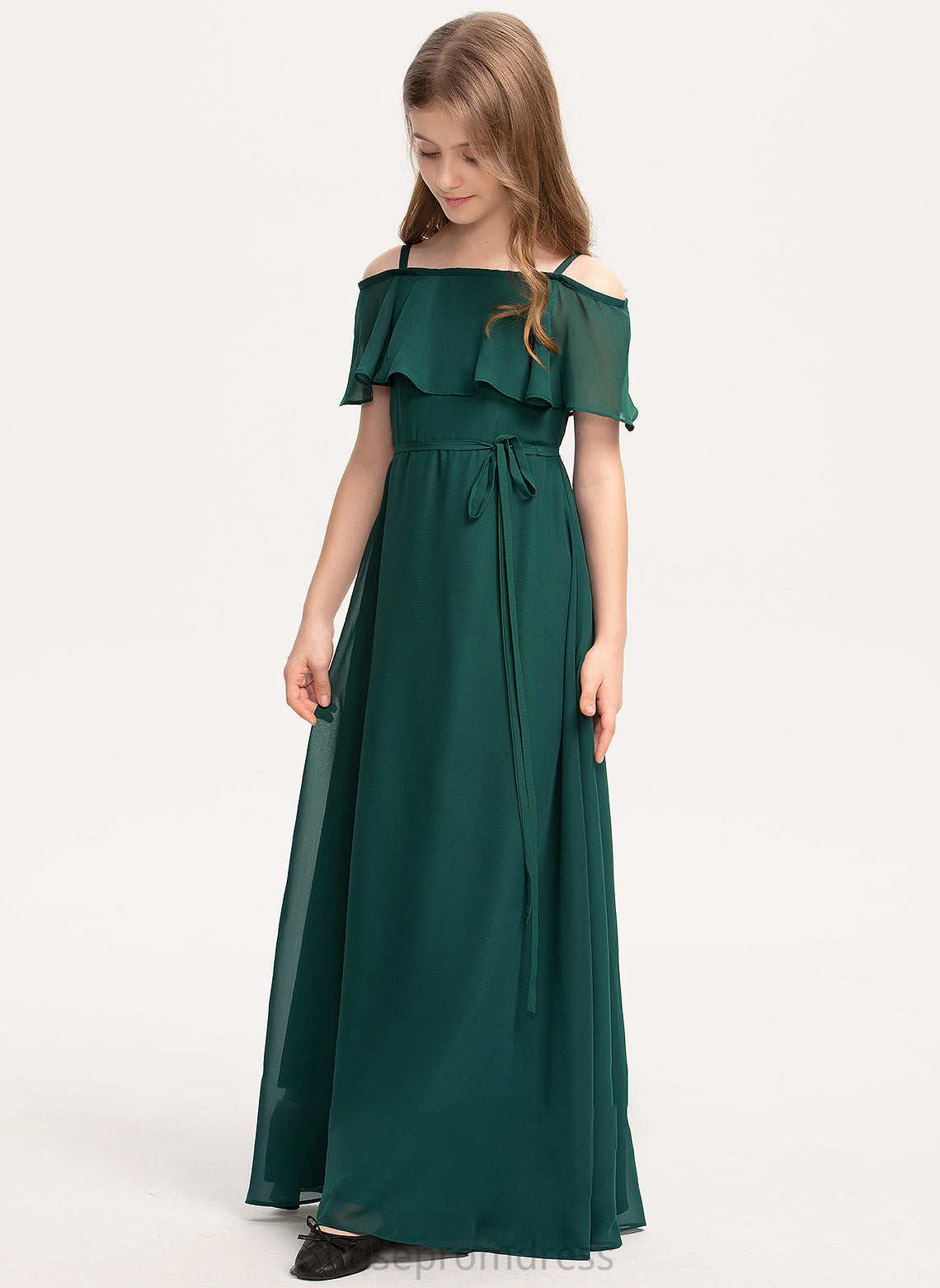 Floor-Length A-Line Junior Bridesmaid Dresses Bow(s) Chiffon With Kayley Off-the-Shoulder