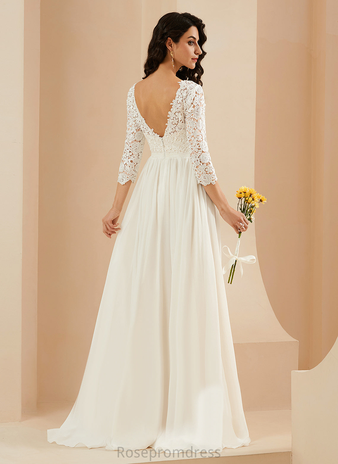 Train With Uerica Neck Wedding Dresses Lace Chiffon Wedding Sweep Dress Scoop A-Line